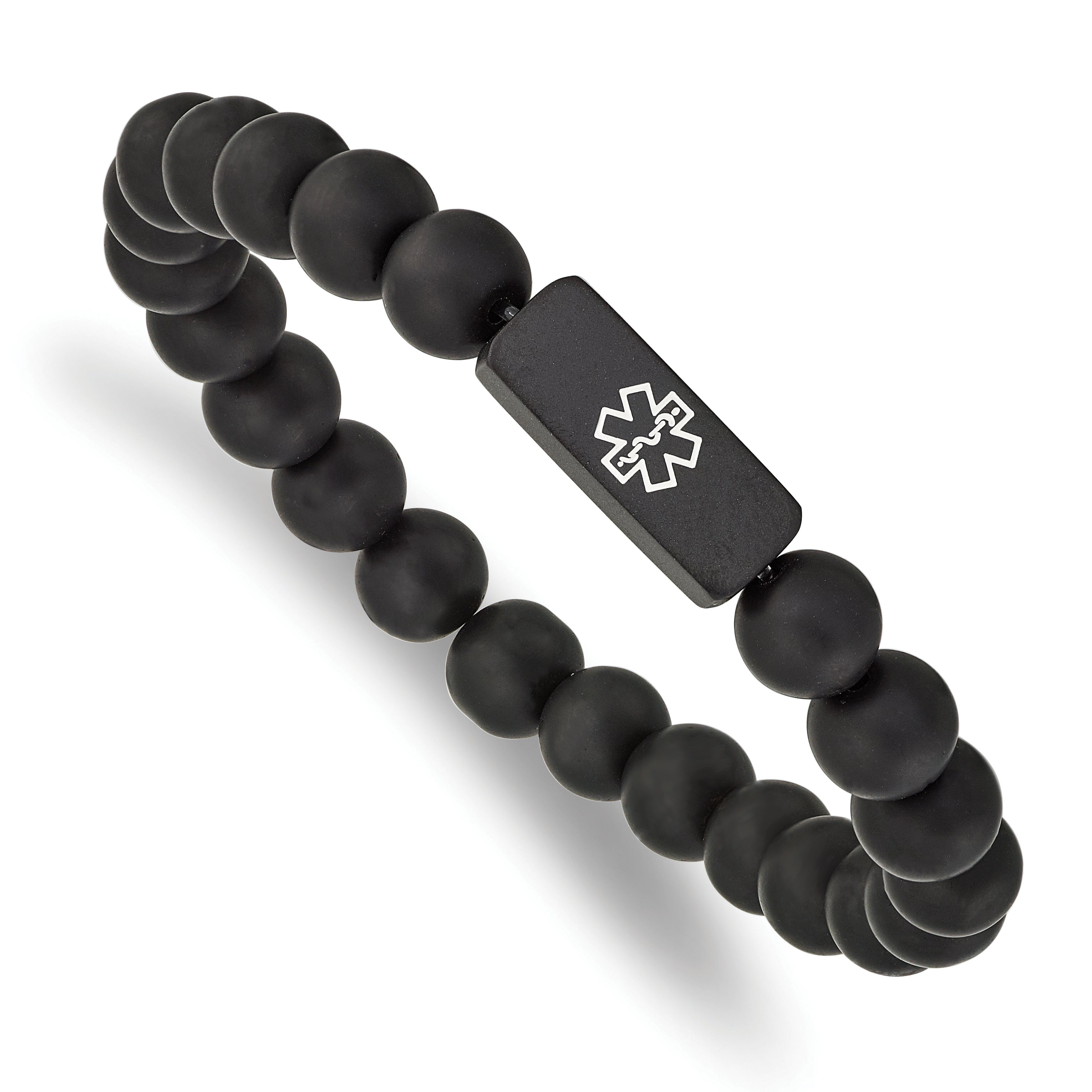 Chisel Stainless Steel Brushed Black IP-plated with White Enamel Medical ID 8.5mm Black Agate Beaded Stretch Bracelet