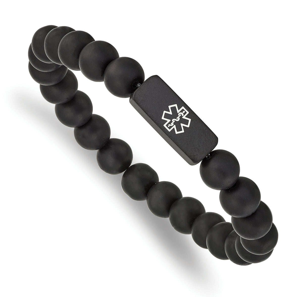 Chisel Stainless Steel Brushed Black IP-plated with White Enamel Medical ID 8.5mm Black Agate Beaded Stretch Bracelet