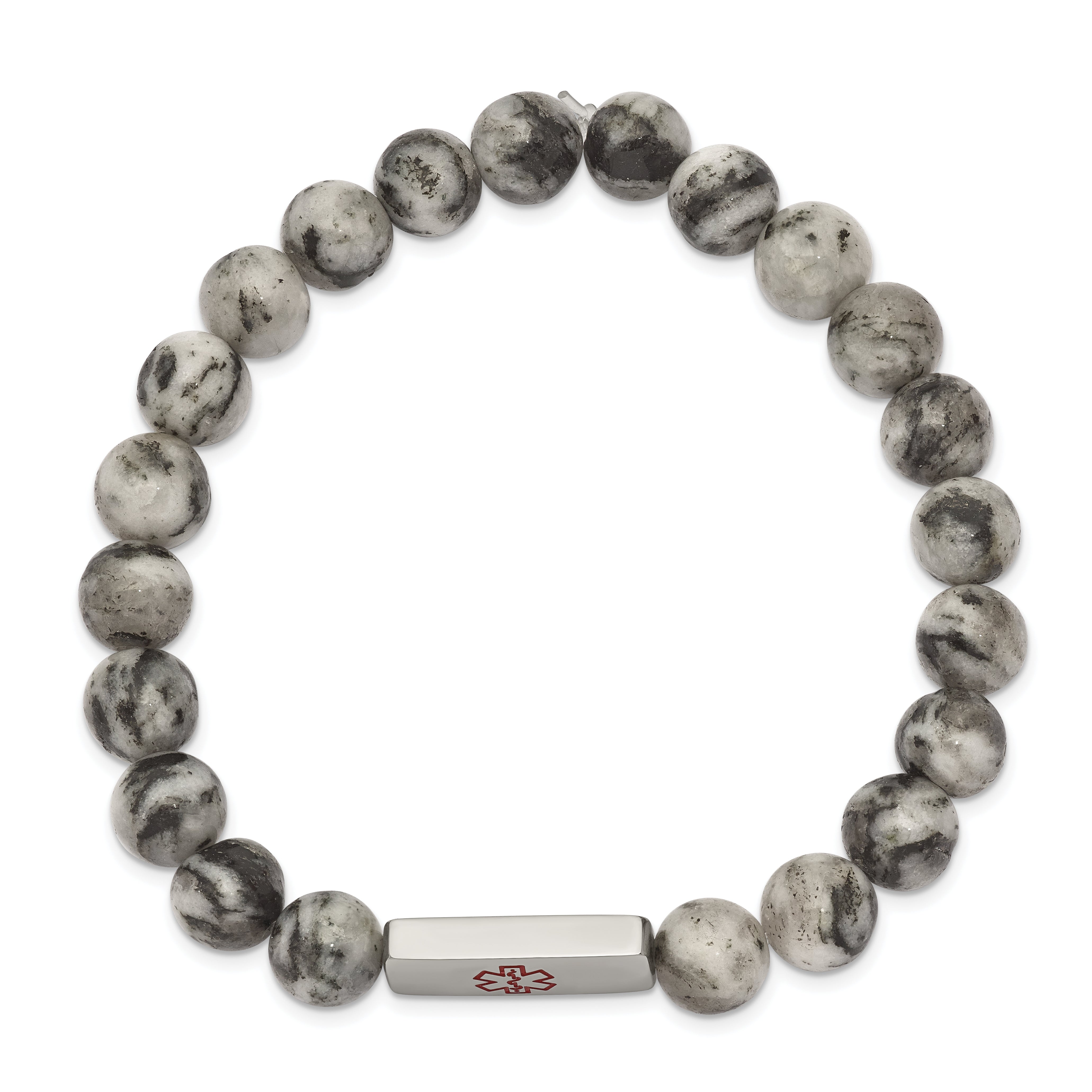 Chisel Stainless Steel Polished with Red Enamel Medical ID 8.5mm Lotus Jasper Beaded Stretch Bracelet