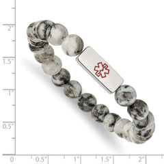 Chisel Stainless Steel Polished with Red Enamel Medical ID 8.5mm Lotus Jasper Beaded Stretch Bracelet