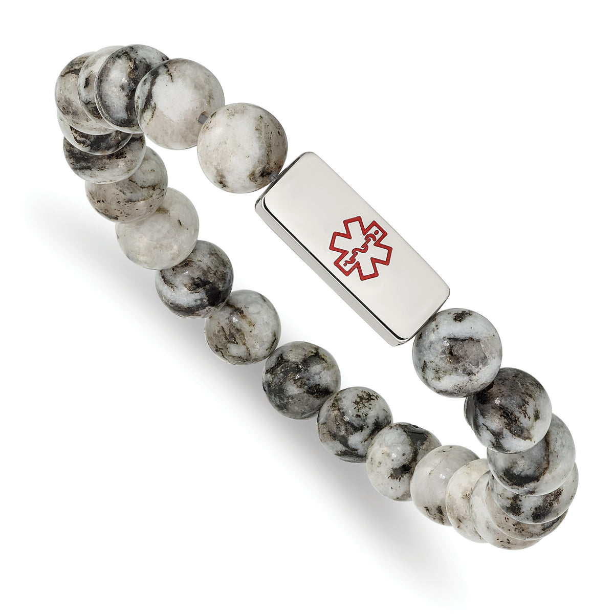 Chisel Stainless Steel Polished with Red Enamel Medical ID 8.5mm Lotus Jasper Beaded Stretch Bracelet