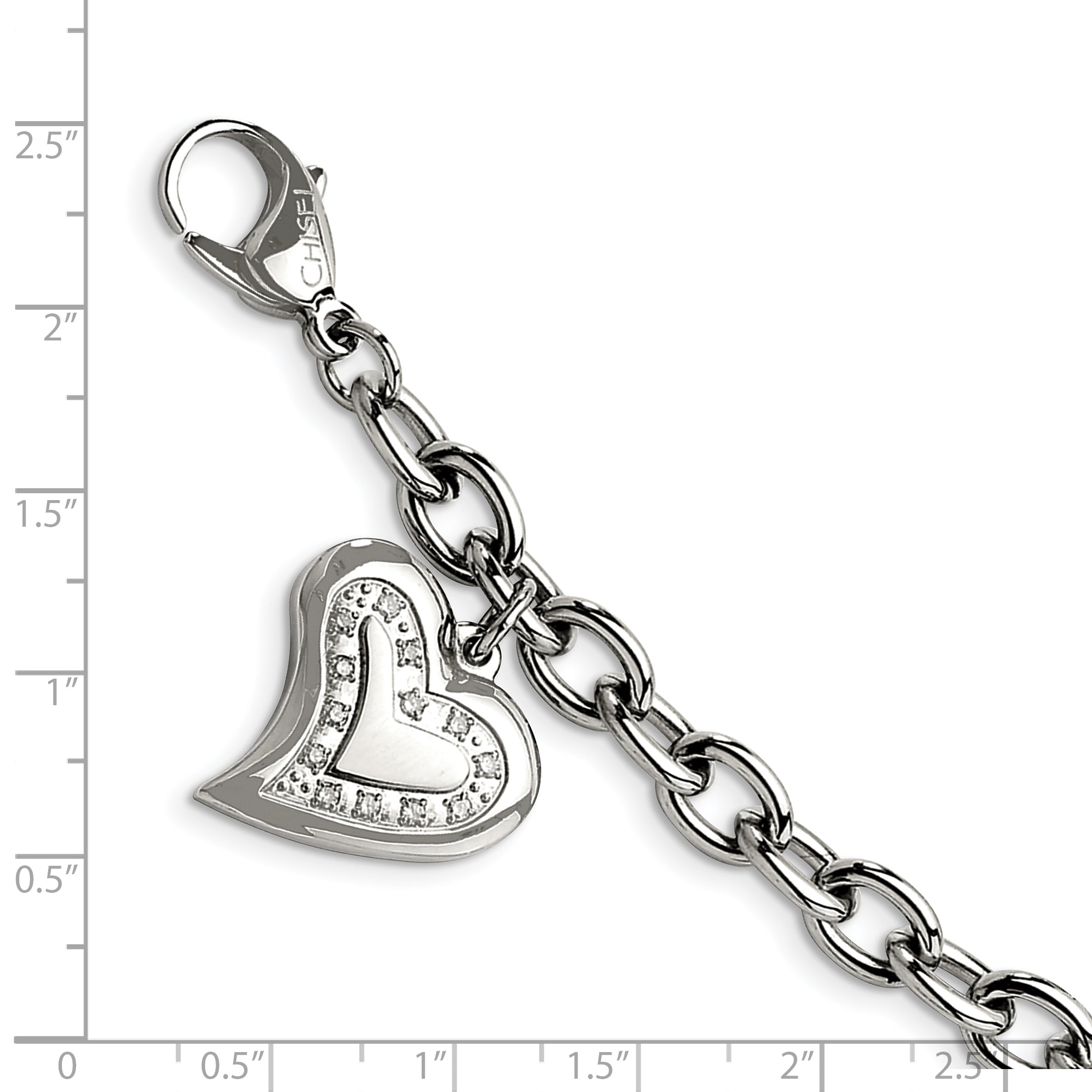 Chisel Stainless Steel Polished with CZ Heart Charm 7.5 inch Bracelet