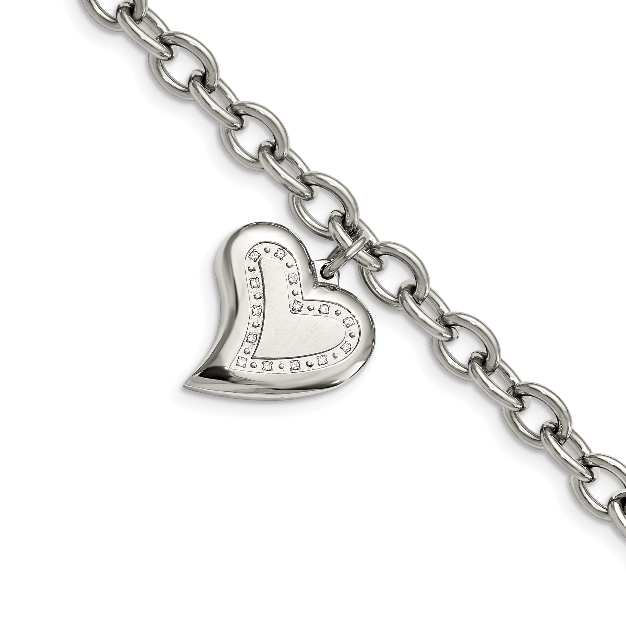 Chisel Stainless Steel Polished with CZ Heart Charm 7.5 inch Bracelet