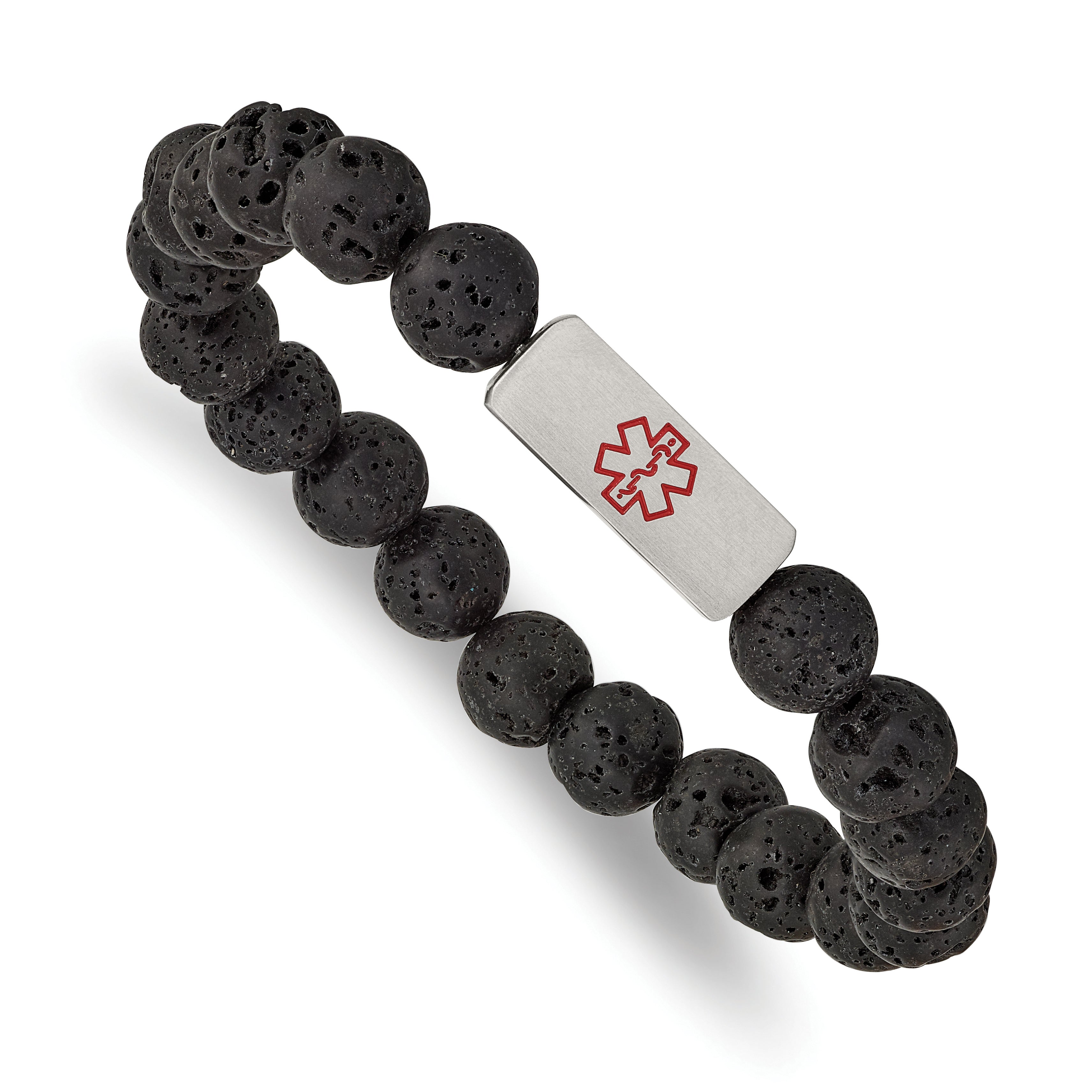 Stainless Steel Brushed Medical ID Lava Stone Stretch Bracelet