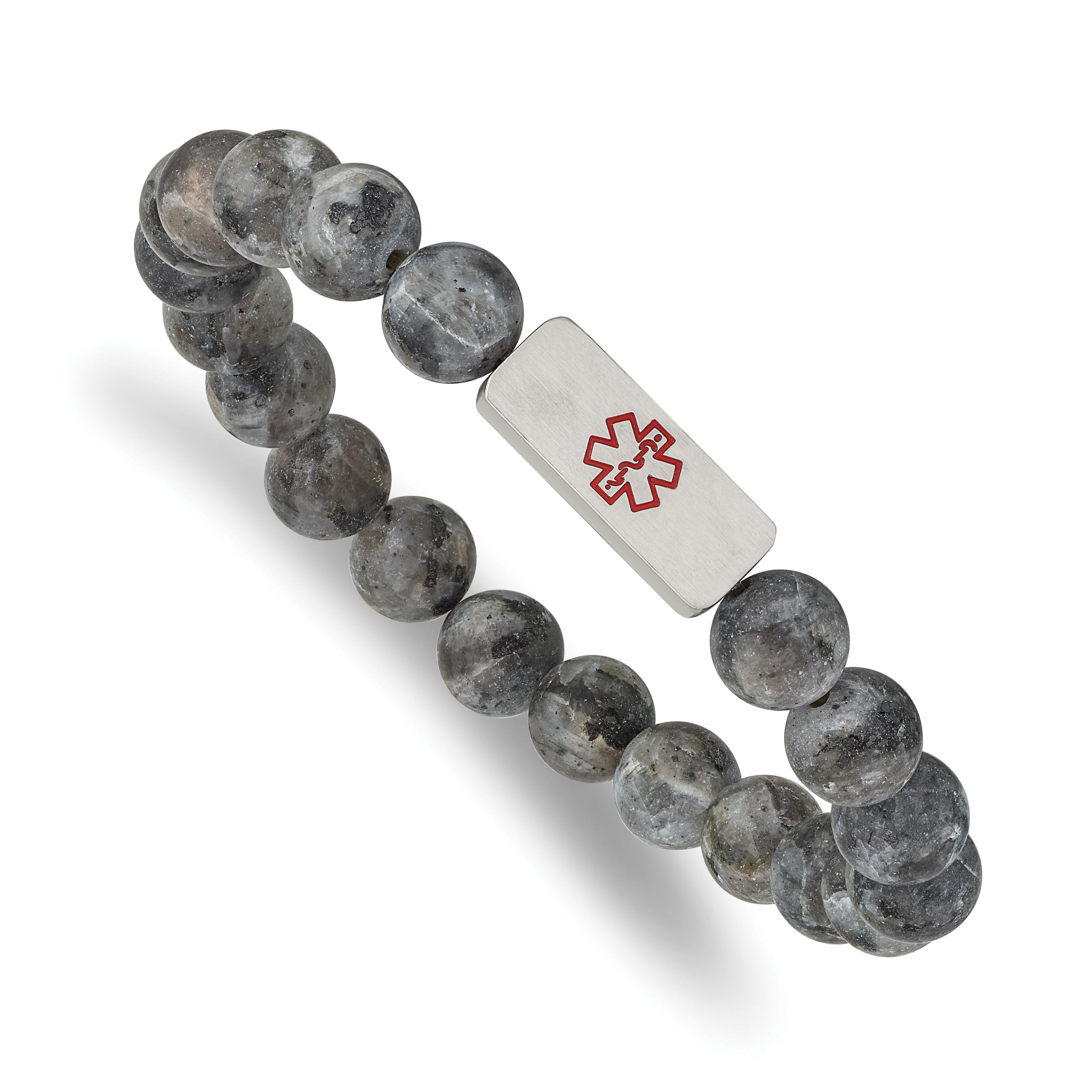 Chisel Stainless Steel Brushed with Red Enamel Medical ID 8.5mm Labradorite Beaded Stretch Bracelet