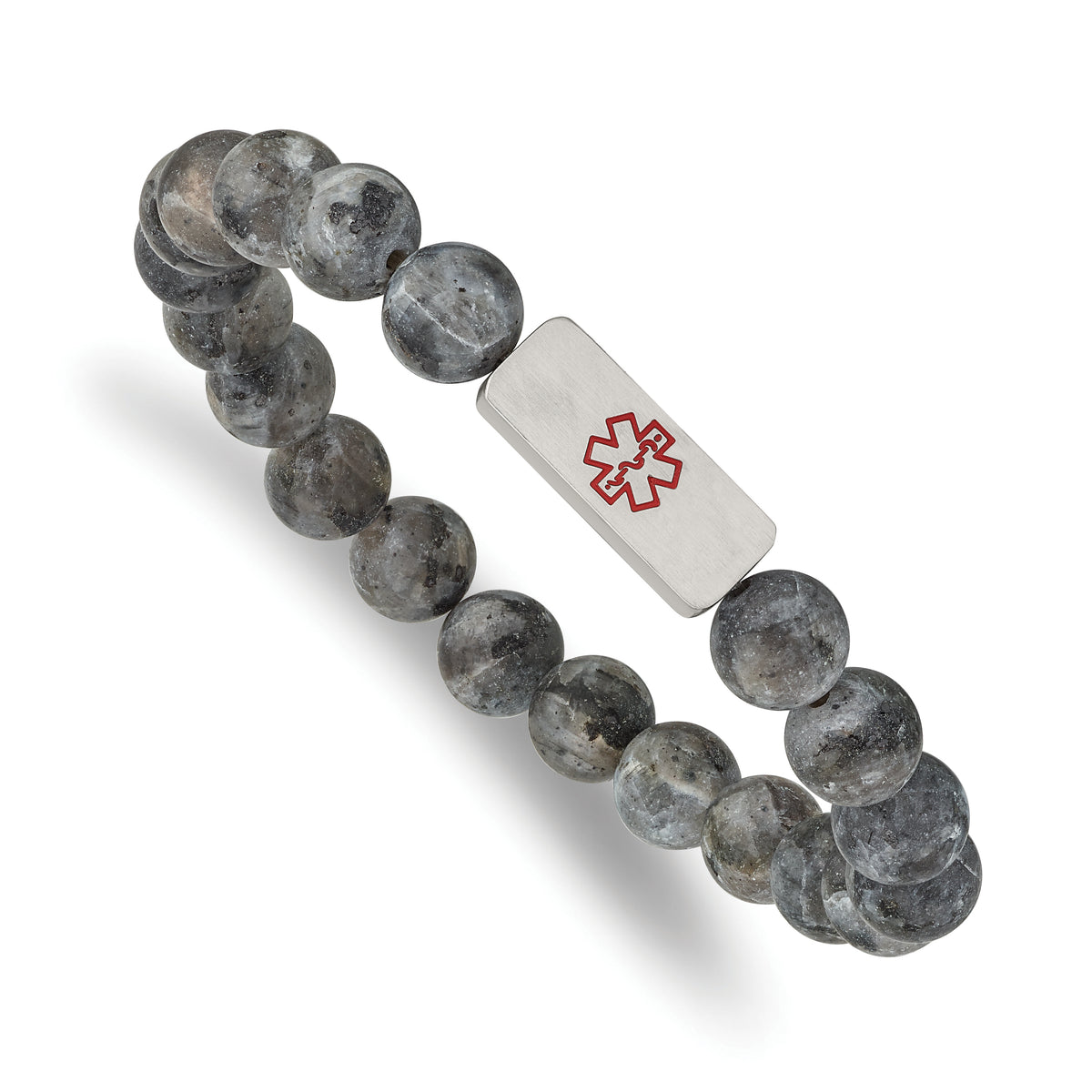 Chisel Stainless Steel Brushed with Red Enamel Medical ID 8.5mm Labradorite Beaded Stretch Bracelet