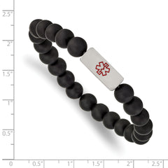 Stainless Steel Brushed Medical ID Plate Black Agate Bead Stretch Bracelet