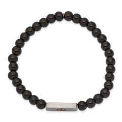 Chisel Stainless Steel Brushed with Red Enamel Medical ID 6mm Onyx Beaded Stretch Bracelet