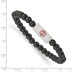 Chisel Stainless Steel Brushed with Red Enamel Medical ID 6mm Onyx Beaded Stretch Bracelet