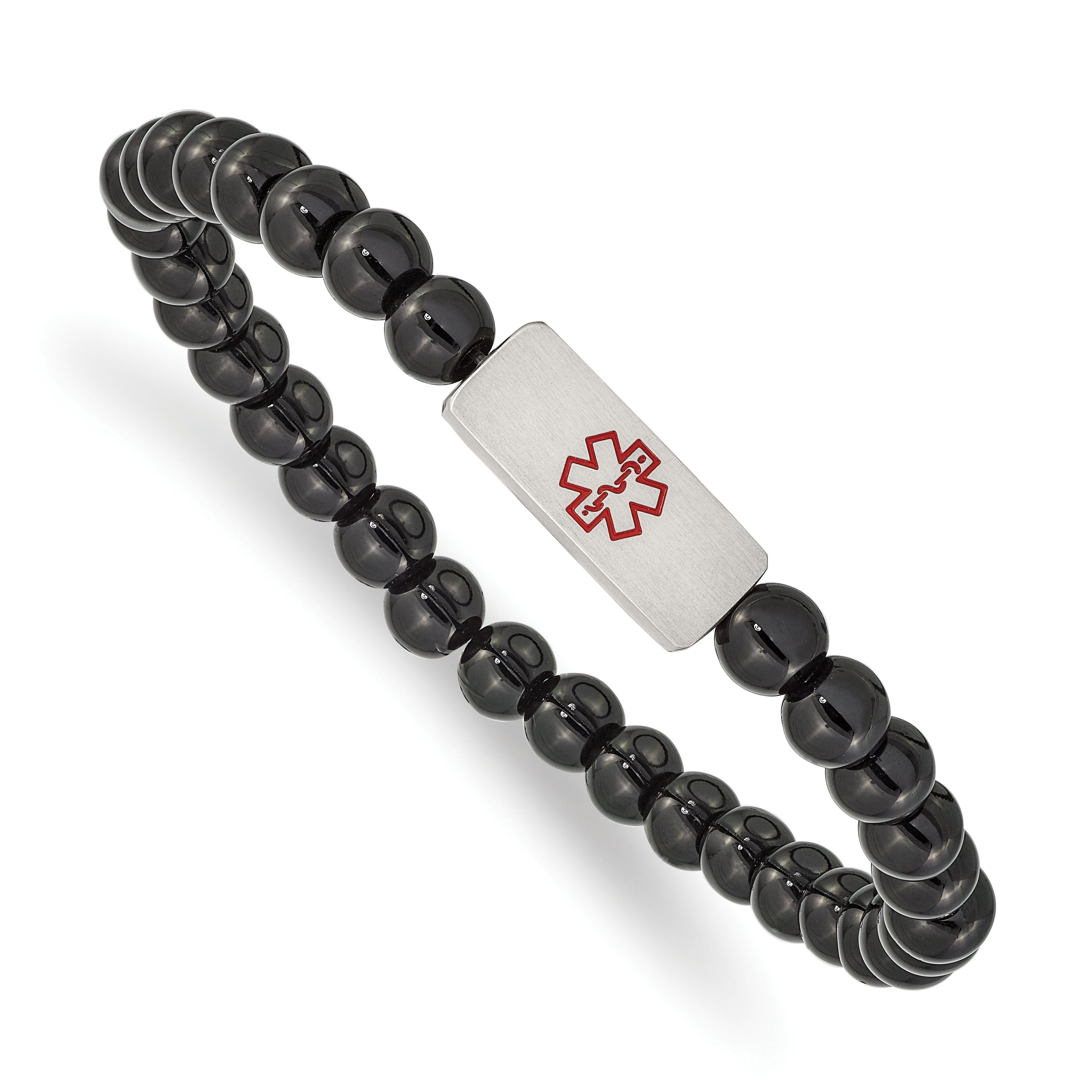 Chisel Stainless Steel Brushed with Red Enamel Medical ID 6mm Onyx Beaded Stretch Bracelet