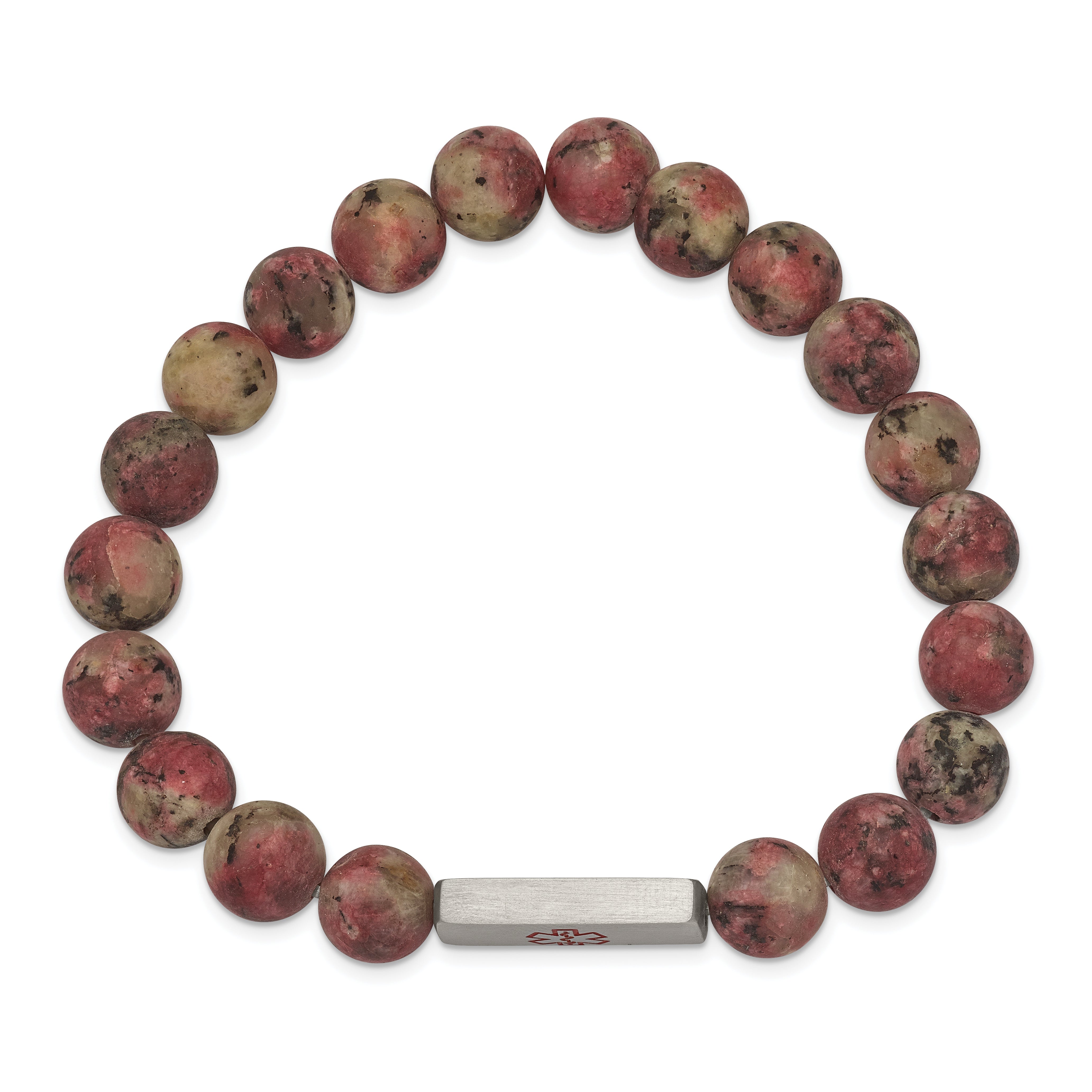 Chisel Stainless Steel Brushed with Red Enamel Medical ID 8.5mm Rhodochrosite Beaded Stretch Bracelet