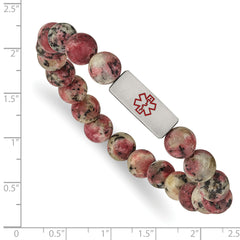 Chisel Stainless Steel Brushed with Red Enamel Medical ID 8.5mm Rhodochrosite Beaded Stretch Bracelet