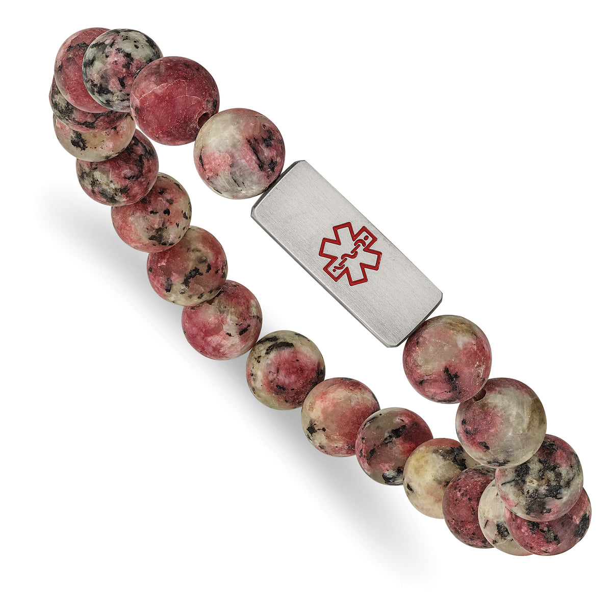 Chisel Stainless Steel Brushed with Red Enamel Medical ID 8.5mm Rhodochrosite Beaded Stretch Bracelet