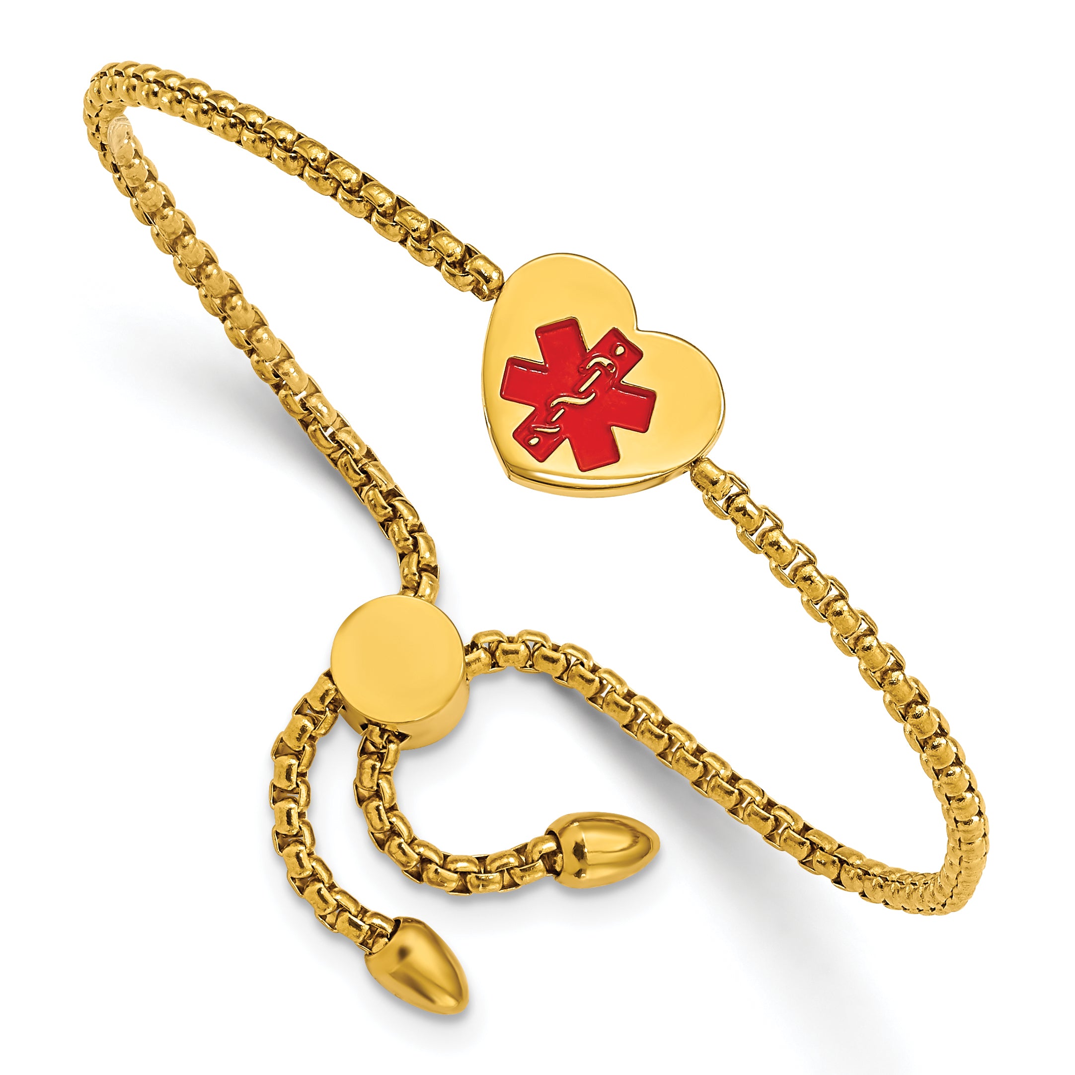 Chisel Stainless Steel Polished Yellow IP-plated with Red Enamel Heart Medical ID Adjustable Bracelet