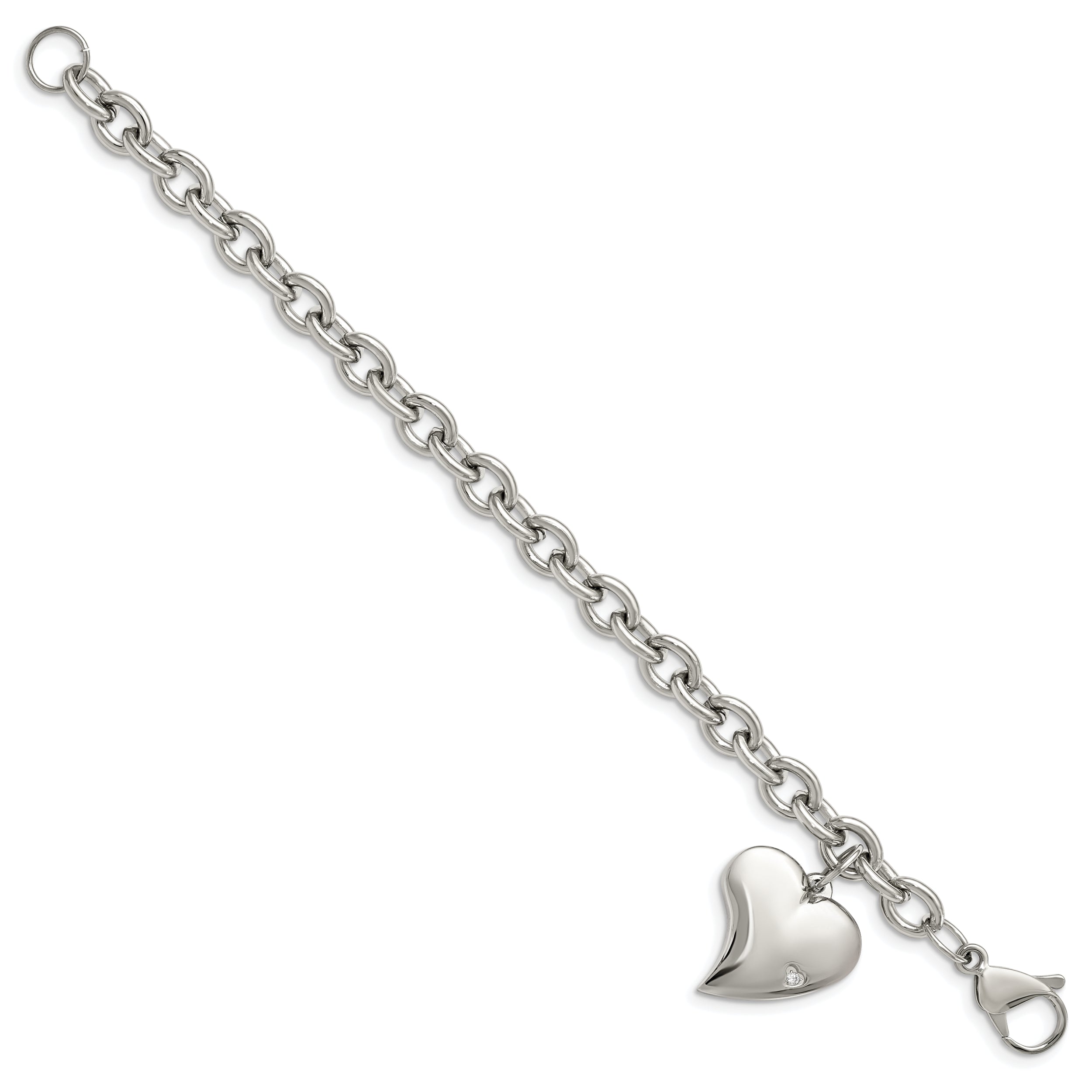 Chisel Stainless Steel Polished Link with CZ Heart Dangle Charm 7.5 inch Bracelet