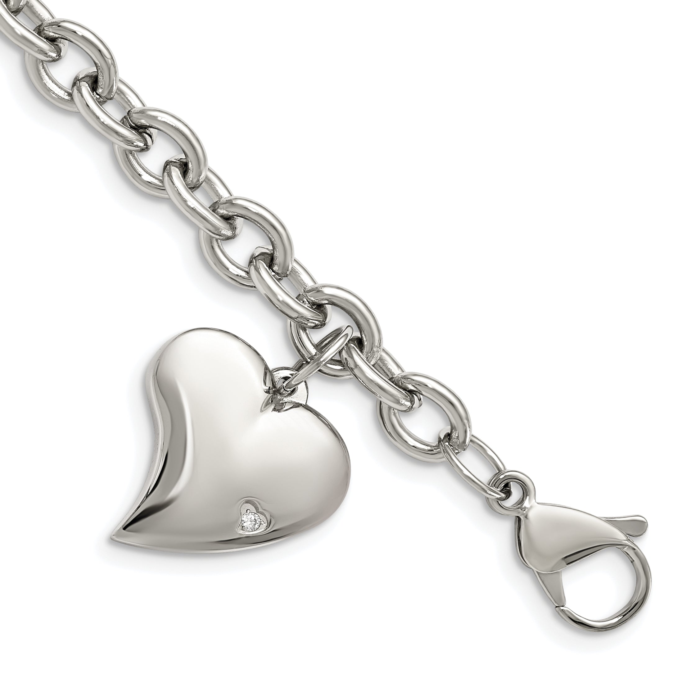 Chisel Stainless Steel Polished Link with CZ Heart Dangle Charm 7.5 inch Bracelet