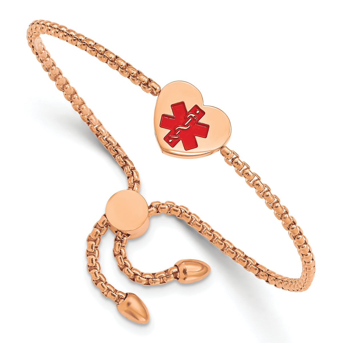 Chisel Stainless Steel Polished Rose IP-plated with Red Enamel Heart Medical ID Adjustable Bracelet