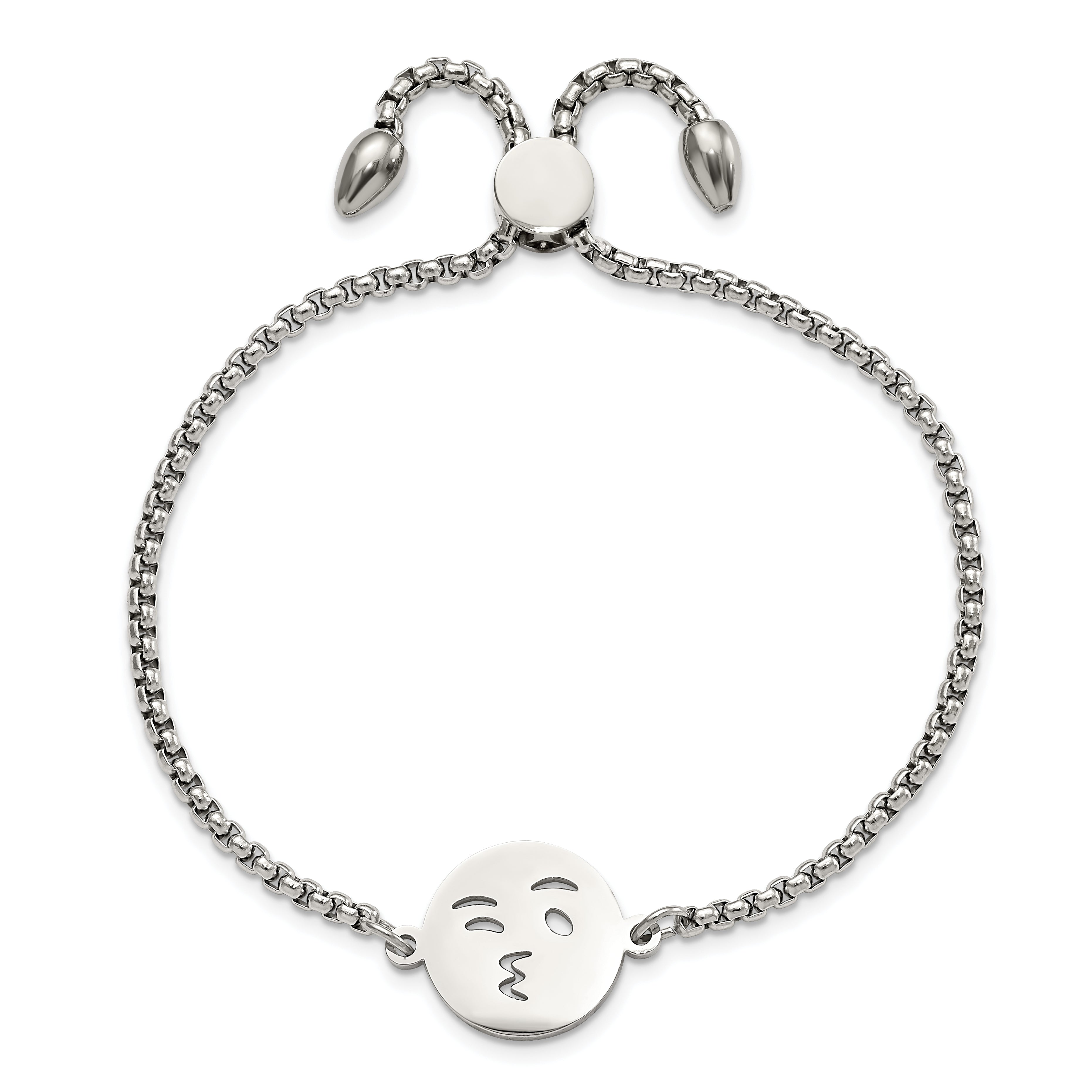 Stainless Steel Polished Kissy Face Emoji Adjustable Bracelet