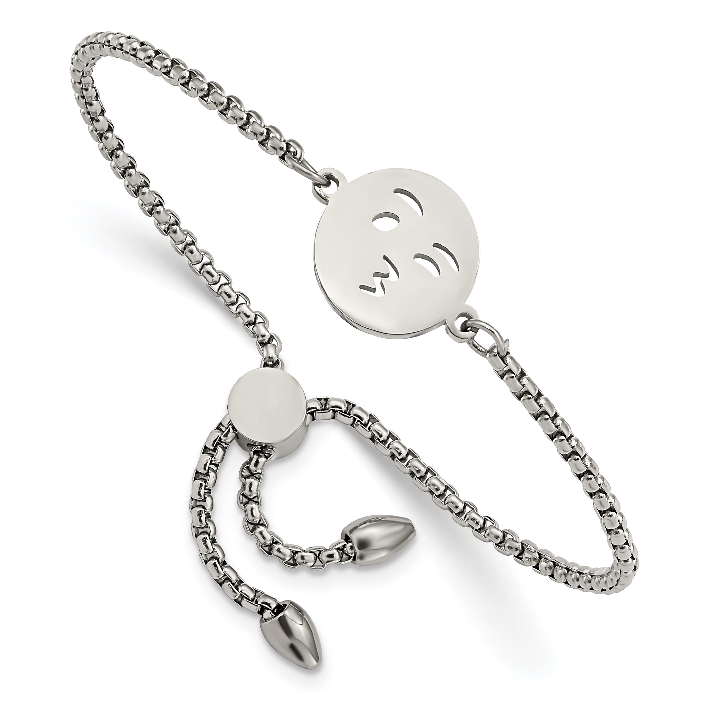 Stainless Steel Polished Kissy Face Emoji Adjustable Bracelet