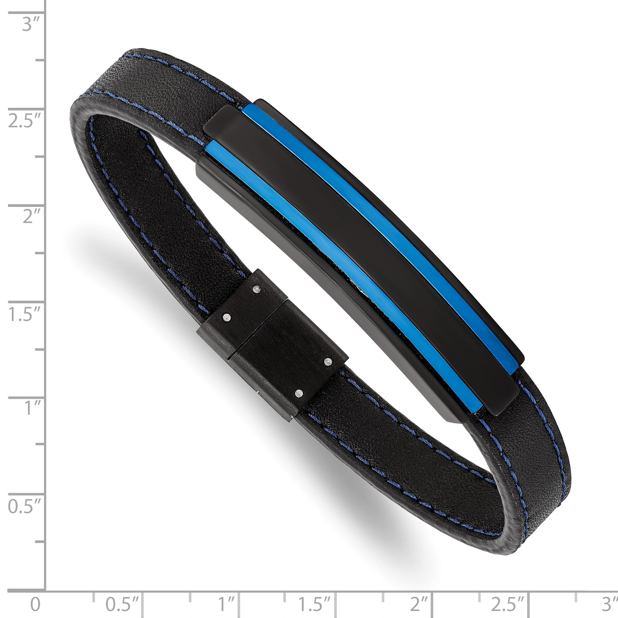 Chisel Stainless Steel Brushed and Polished Black and Blue IP-plated Black Rubber 8.5 inch Bracelet