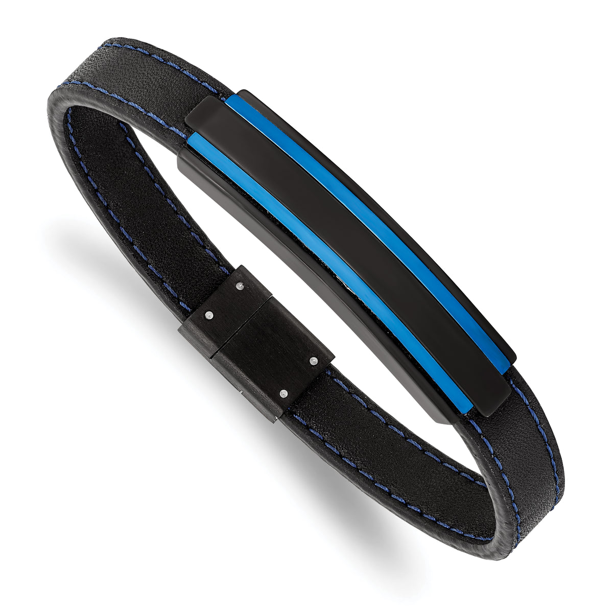 Chisel Stainless Steel Brushed and Polished Black and Blue IP-plated Black Rubber 8.5 inch Bracelet