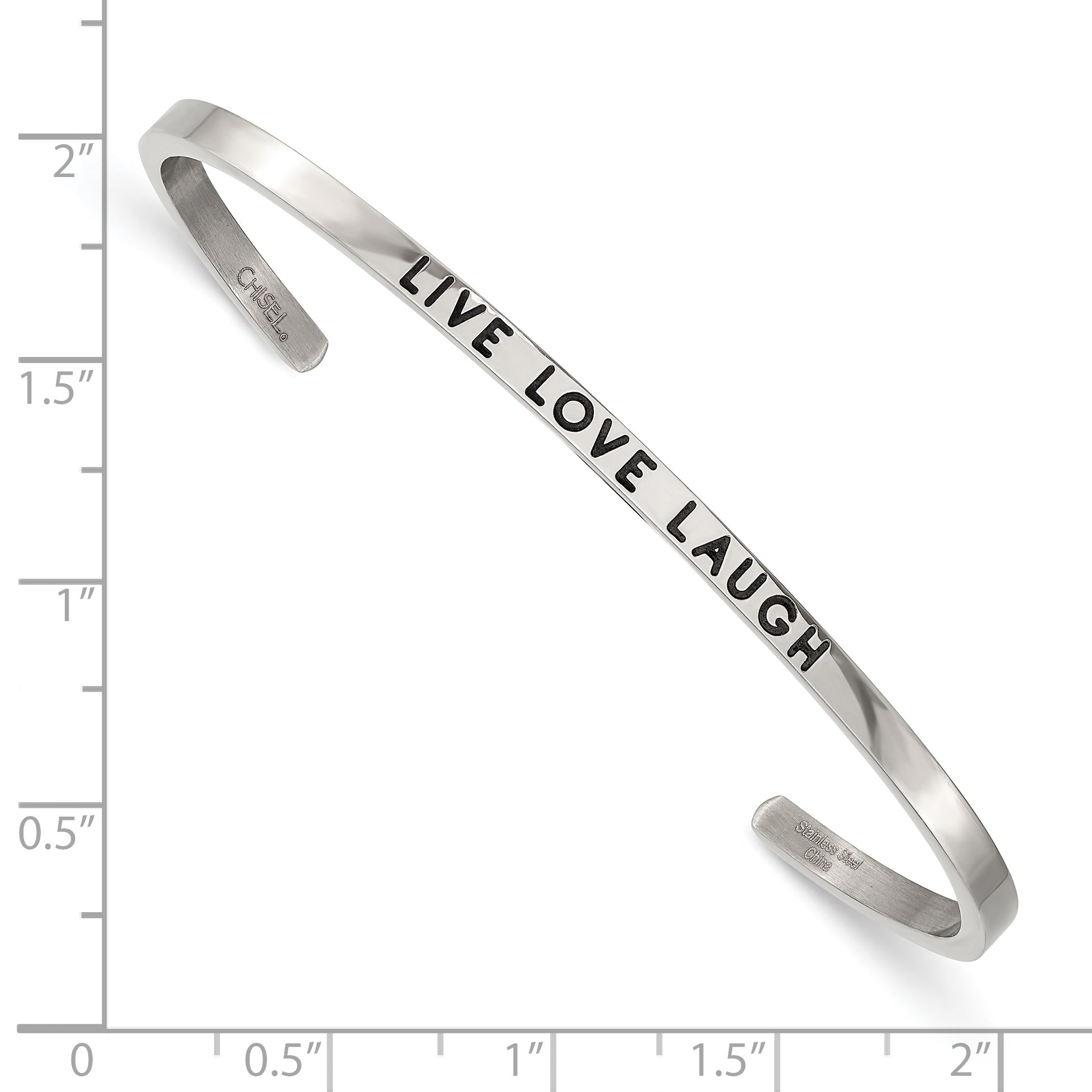 Chisel Stainless Steel Polished and Enameled with Crystal LIVE LOVE LAUGH 3mm Cuff Bangle