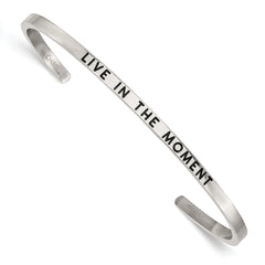 Chisel Stainless Steel Polished and Enameled with Crystal LIVE IN THE MOMENT 3mm Cuff Bangle