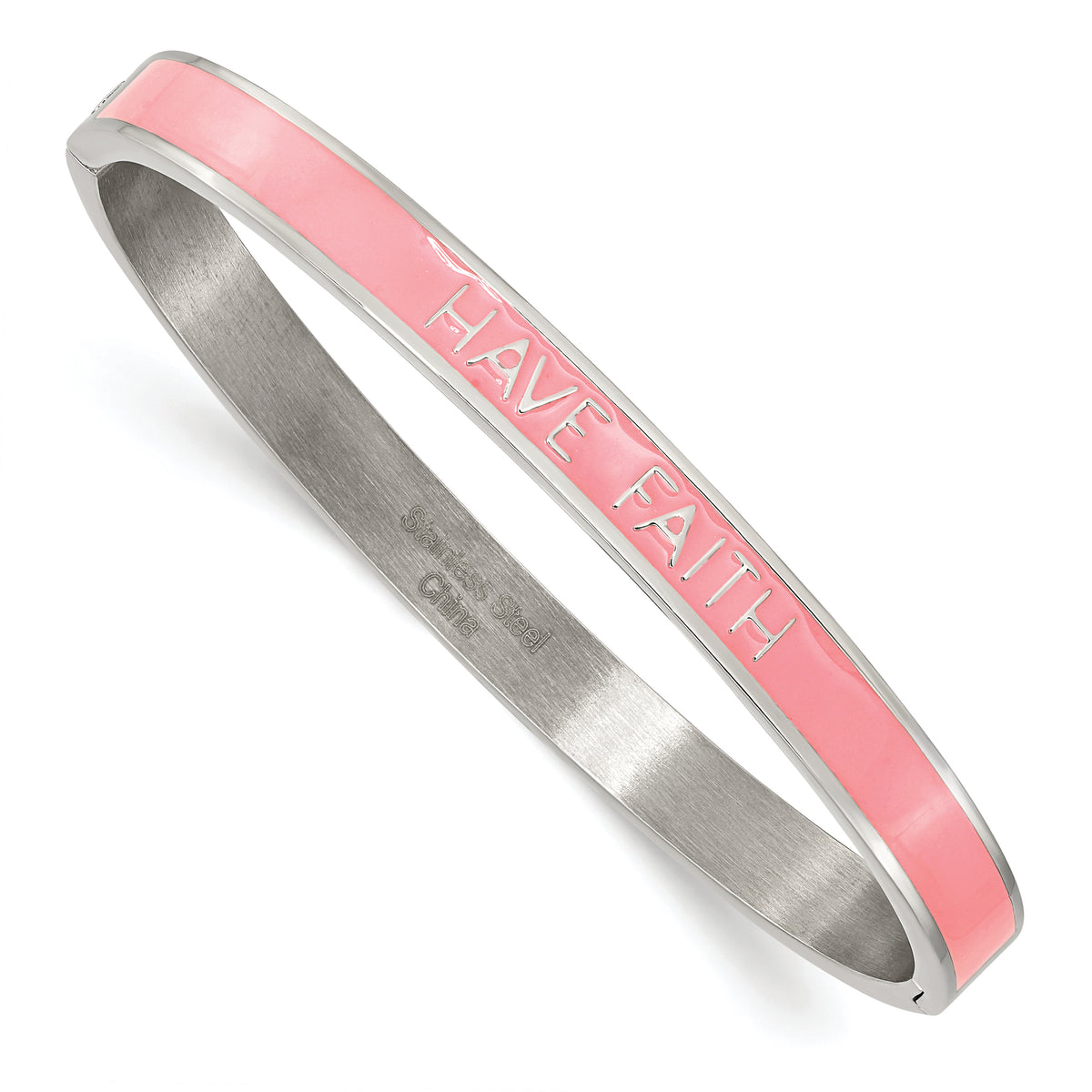 Stainless Steel Polished Pink Enamel HAVE FAITH 6mm Hinged Bangle