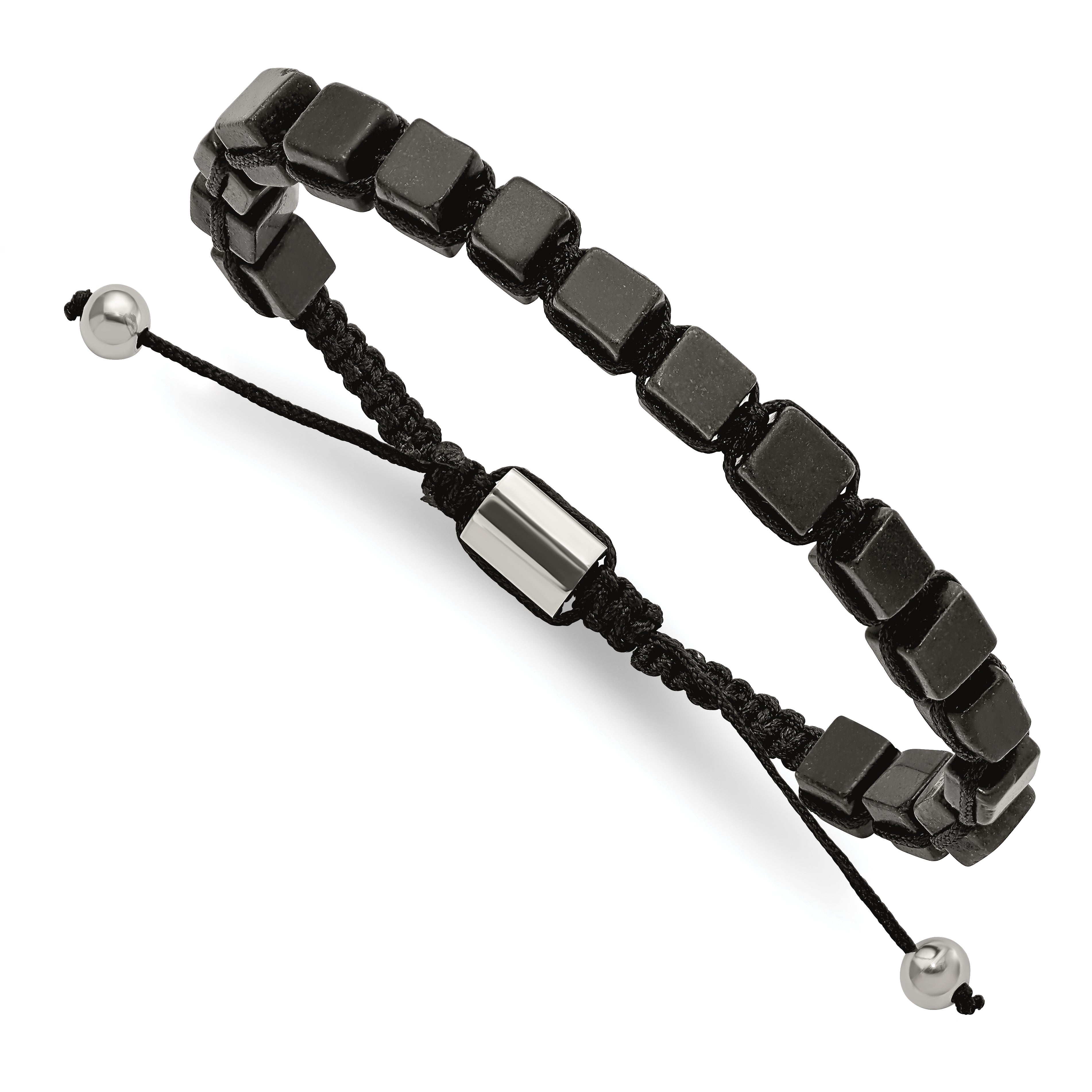 Chisel Stainless Steel Polished with Black Agate Black Macrame Adjustable Bracelet