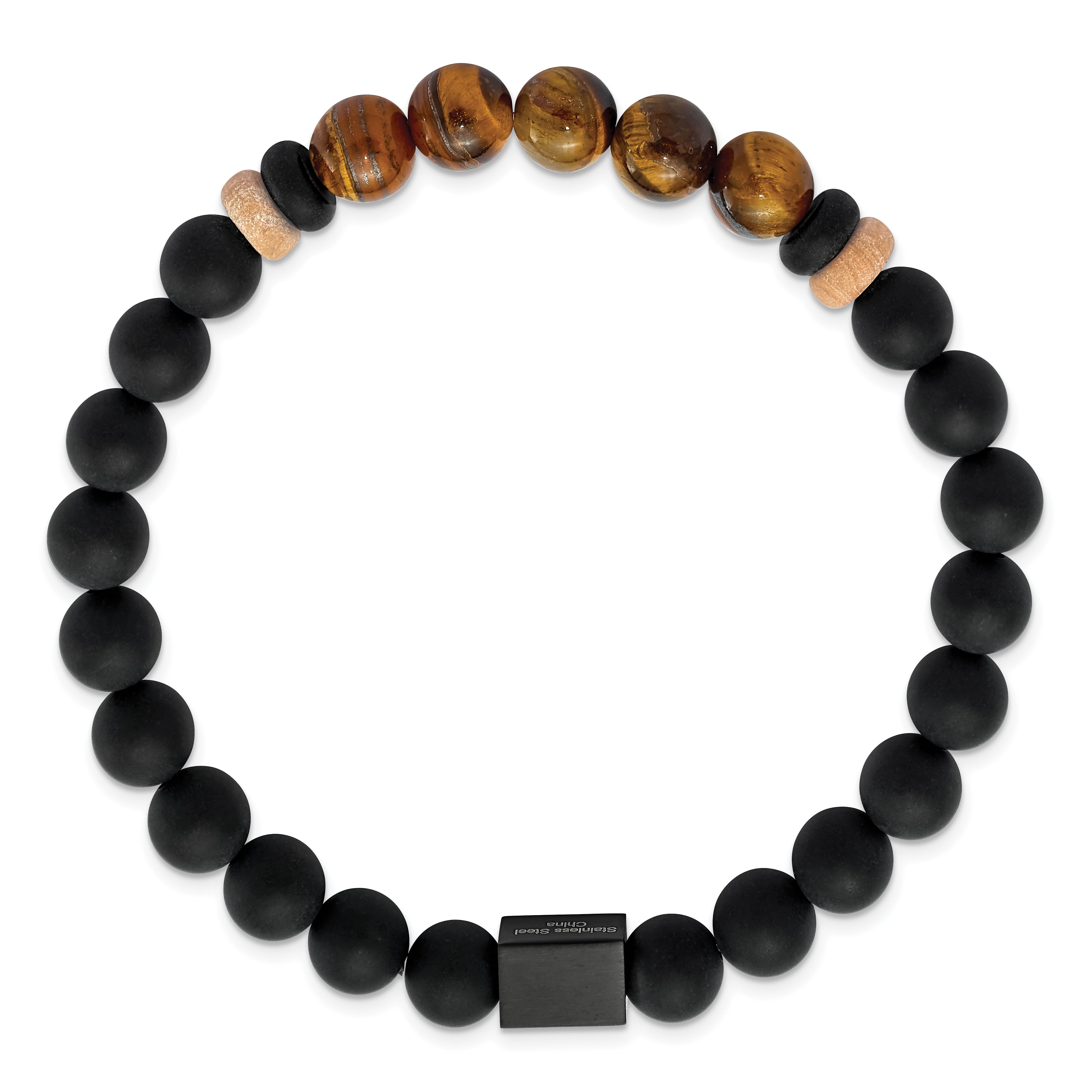 Chisel Stainless Steel Brushed Black IP-plated 8mm Black Agate and Tiger's Eye Beaded Stretch Bracelet