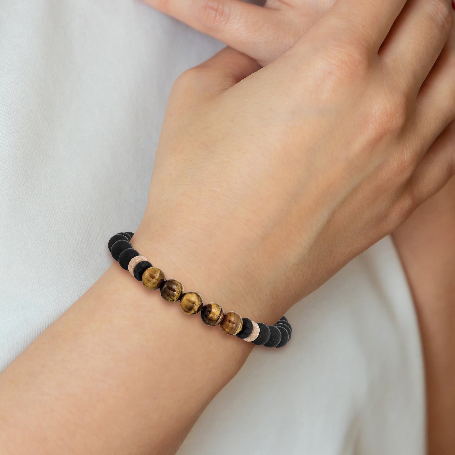 Chisel Stainless Steel Brushed Black IP-plated 8mm Black Agate and Tiger's Eye Beaded Stretch Bracelet