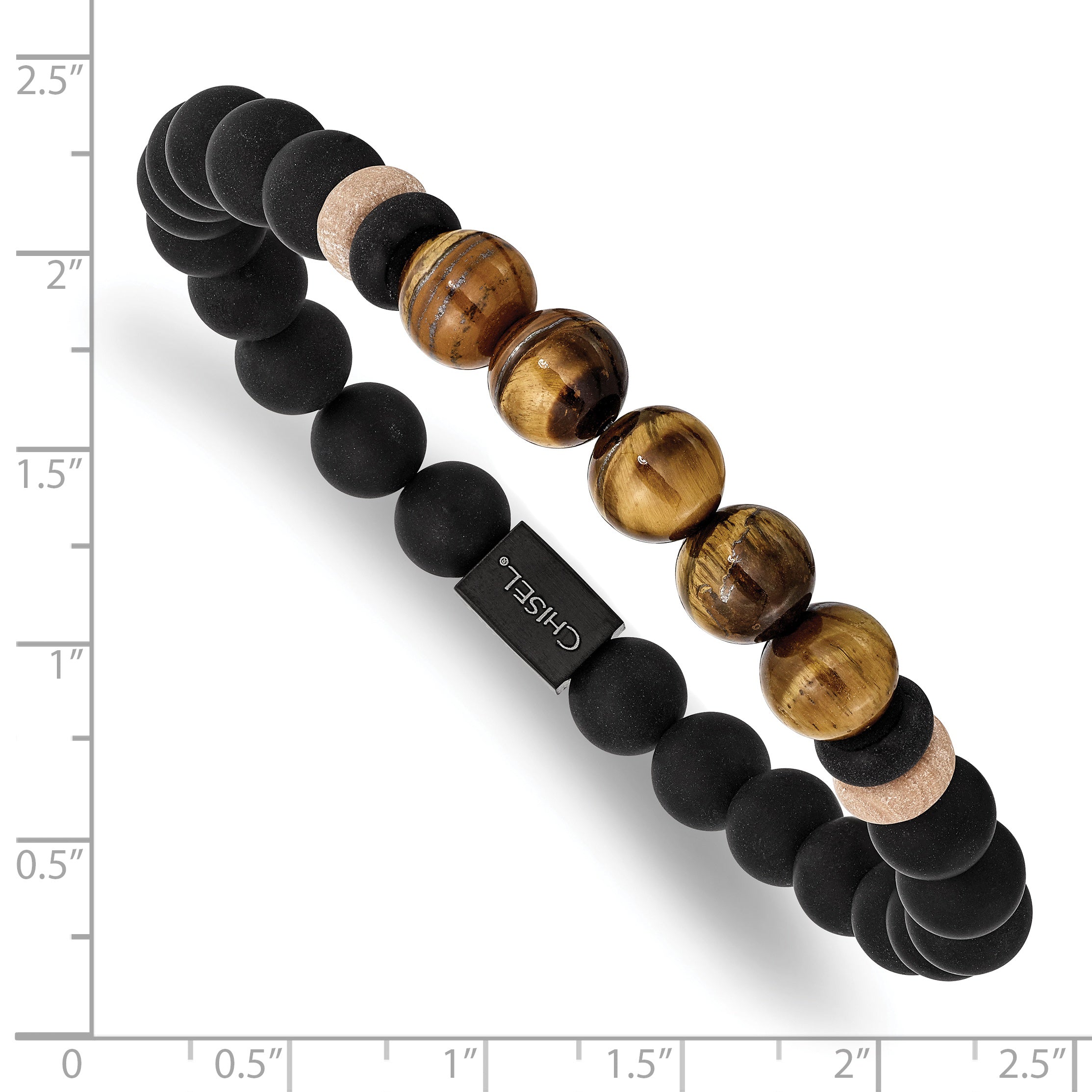 Chisel Stainless Steel Brushed Black IP-plated 8mm Black Agate and Tiger's Eye Beaded Stretch Bracelet