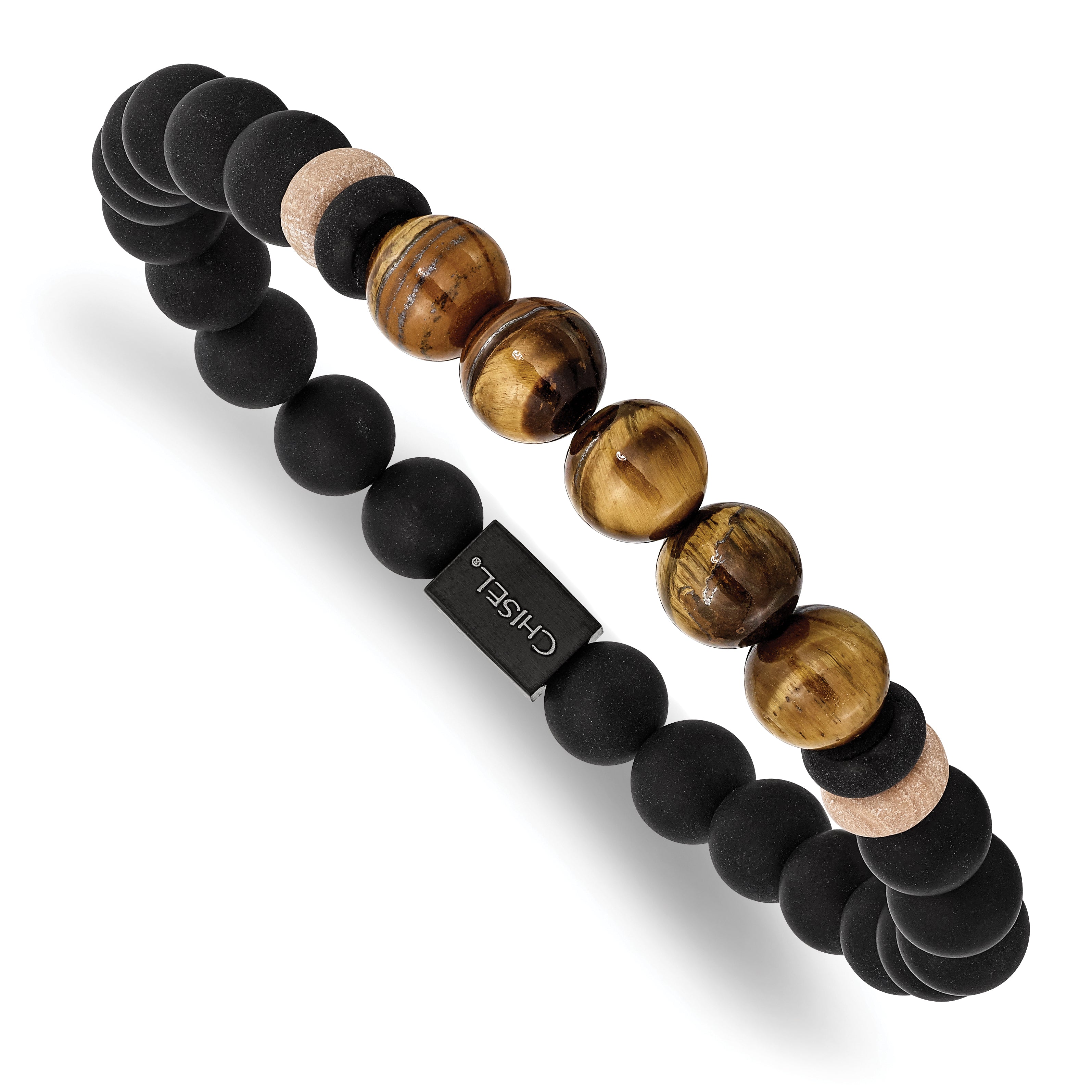 Chisel Stainless Steel Brushed Black IP-plated 8mm Black Agate and Tiger's Eye Beaded Stretch Bracelet