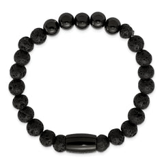 Chisel Stainless Steel Polished Black IP-plated 8mm Lava Stone Stretch Bracelet