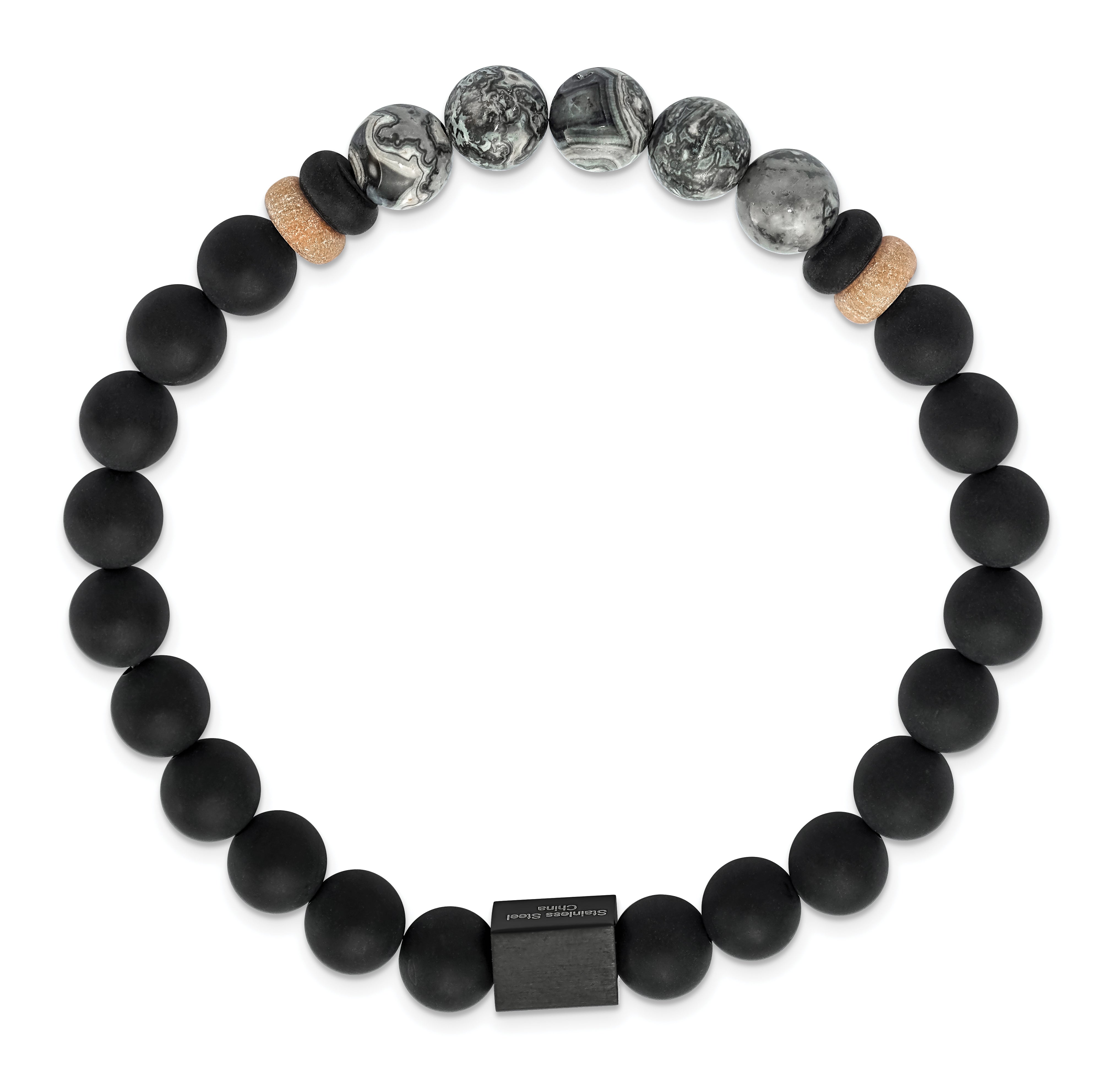 Chisel Stainless Steel Brushed Black IP-plated 8mm Black Agate and Grey Jasper Beaded Stretch Bracelet