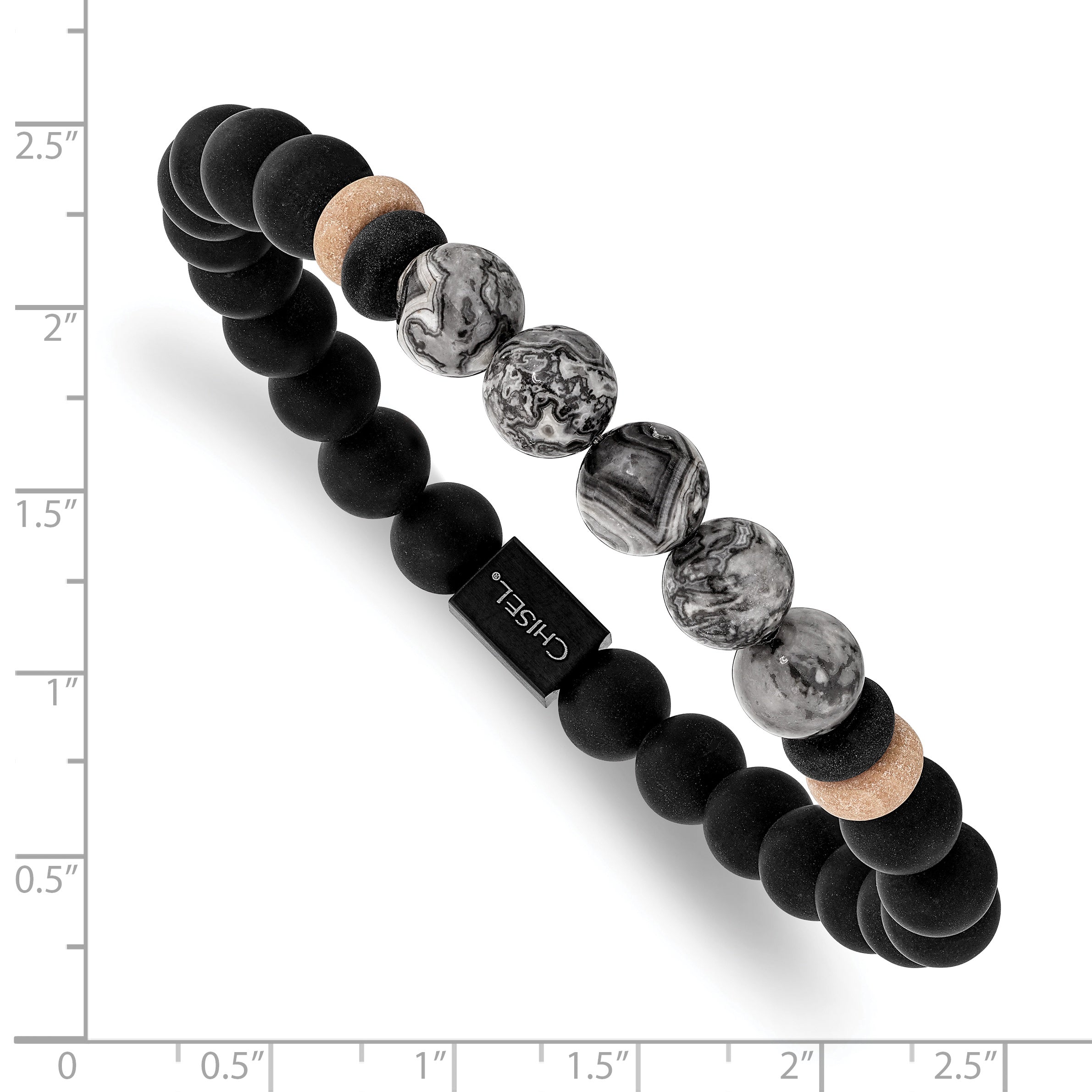 Chisel Stainless Steel Brushed Black IP-plated 8mm Black Agate and Grey Jasper Beaded Stretch Bracelet