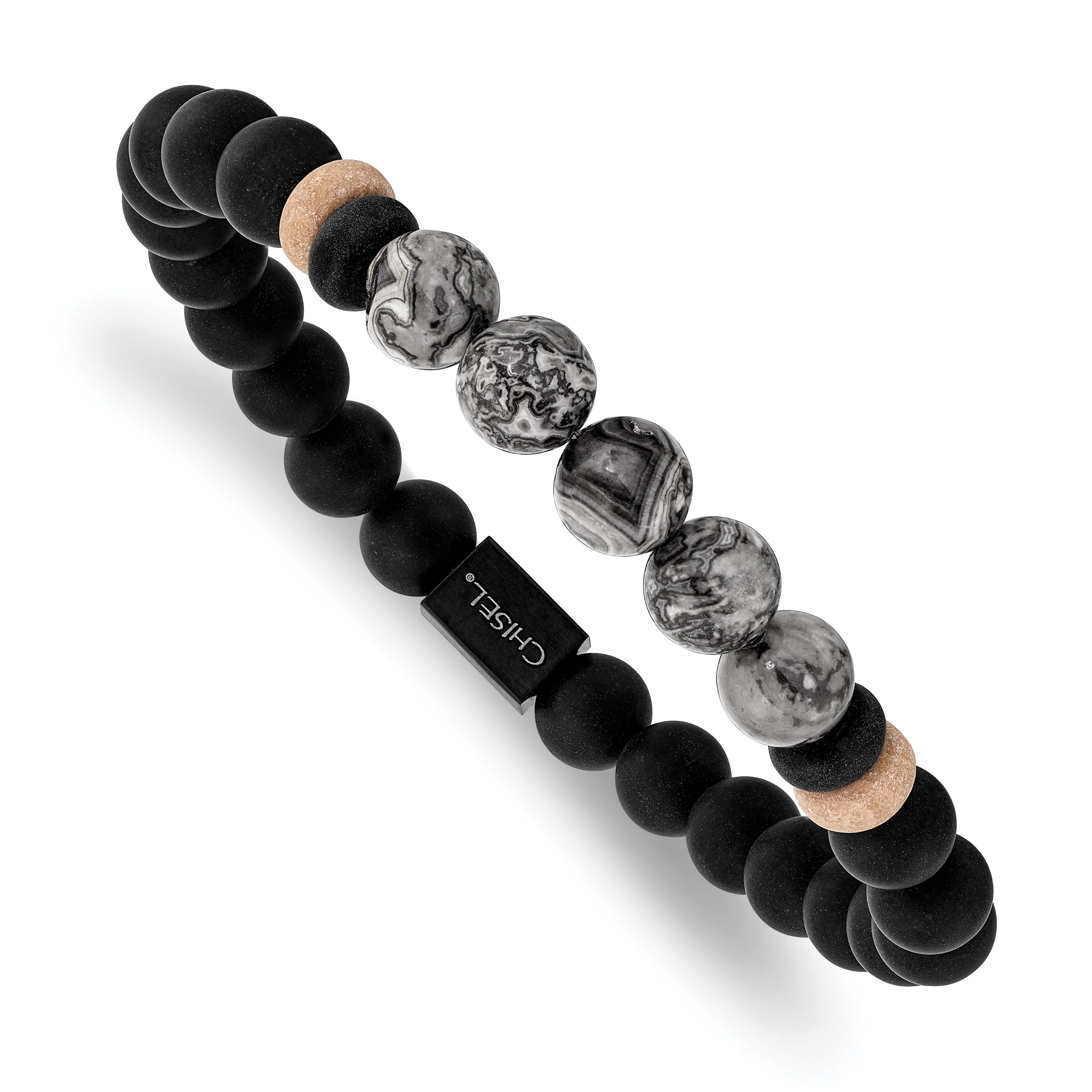 Chisel Stainless Steel Brushed Black IP-plated 8mm Black Agate and Grey Jasper Beaded Stretch Bracelet