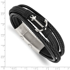 Chisel Stainless Steel Polished Anchor Black PU Leather 7.75 inch Bracelet with .5 inch Extension