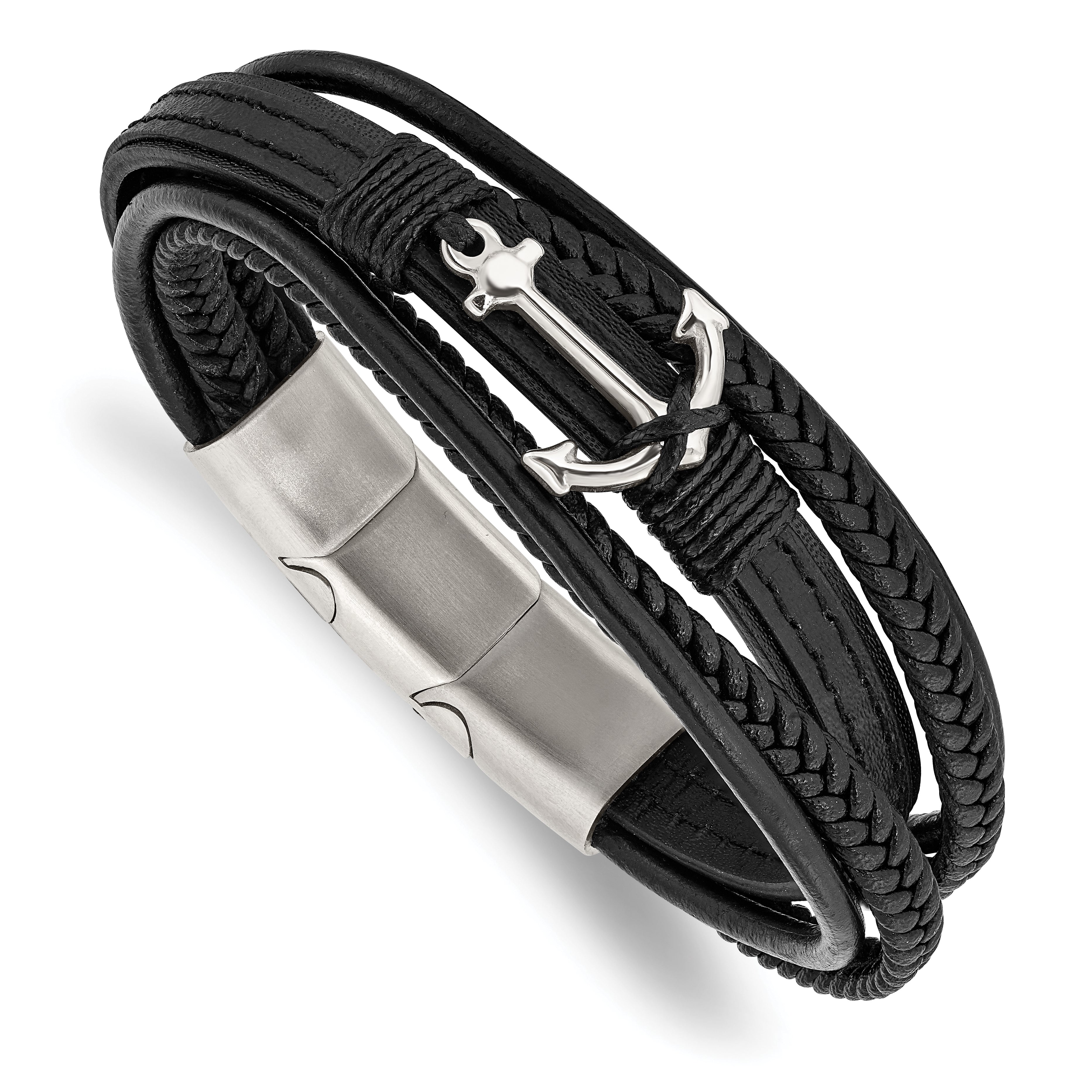 Chisel Stainless Steel Polished Anchor Black PU Leather 7.75 inch Bracelet with .5 inch Extension