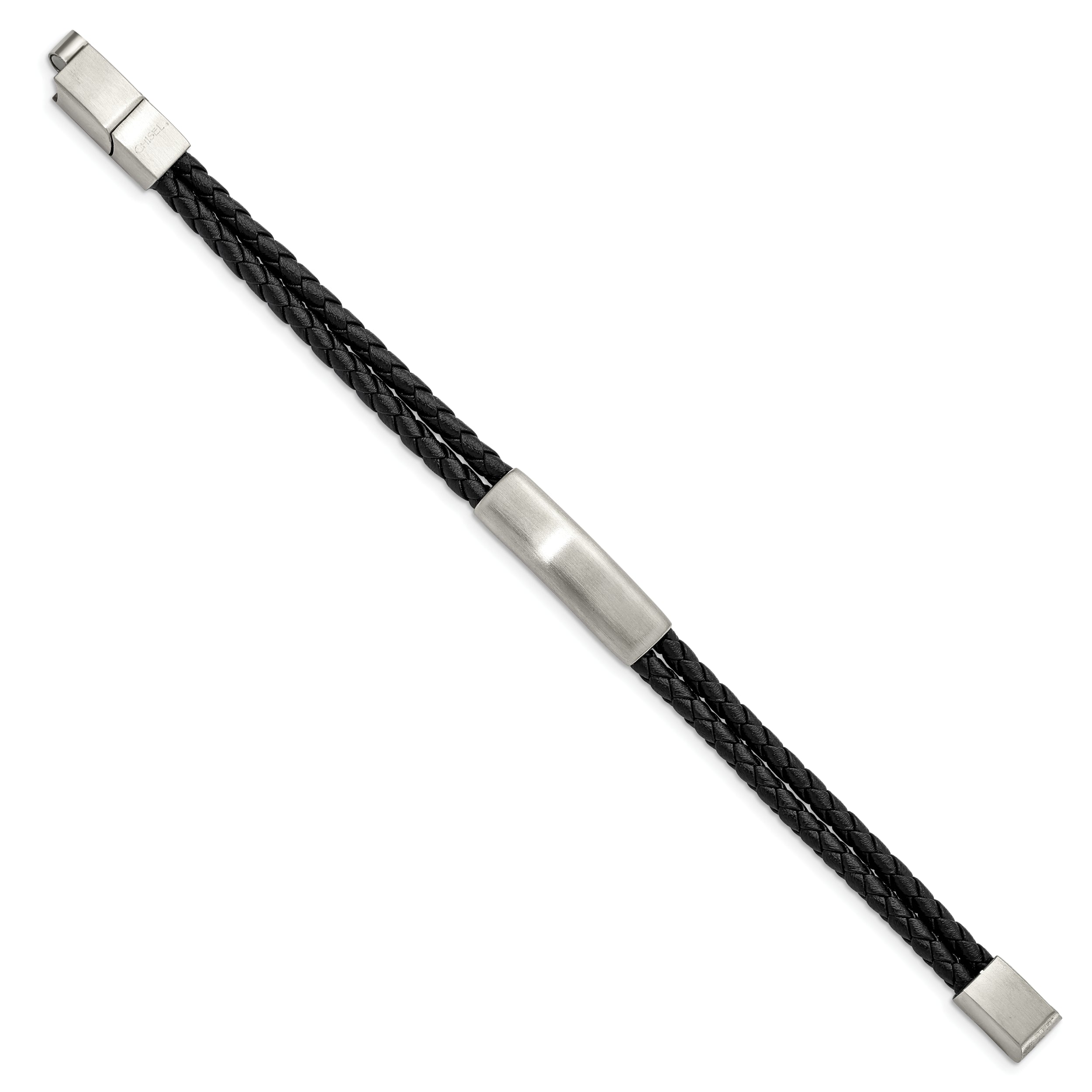 Chisel Stainless Steel Brushed Braided Black Leather Multi Strand 8 inch Plus .5 inch Extenstion Bracelet