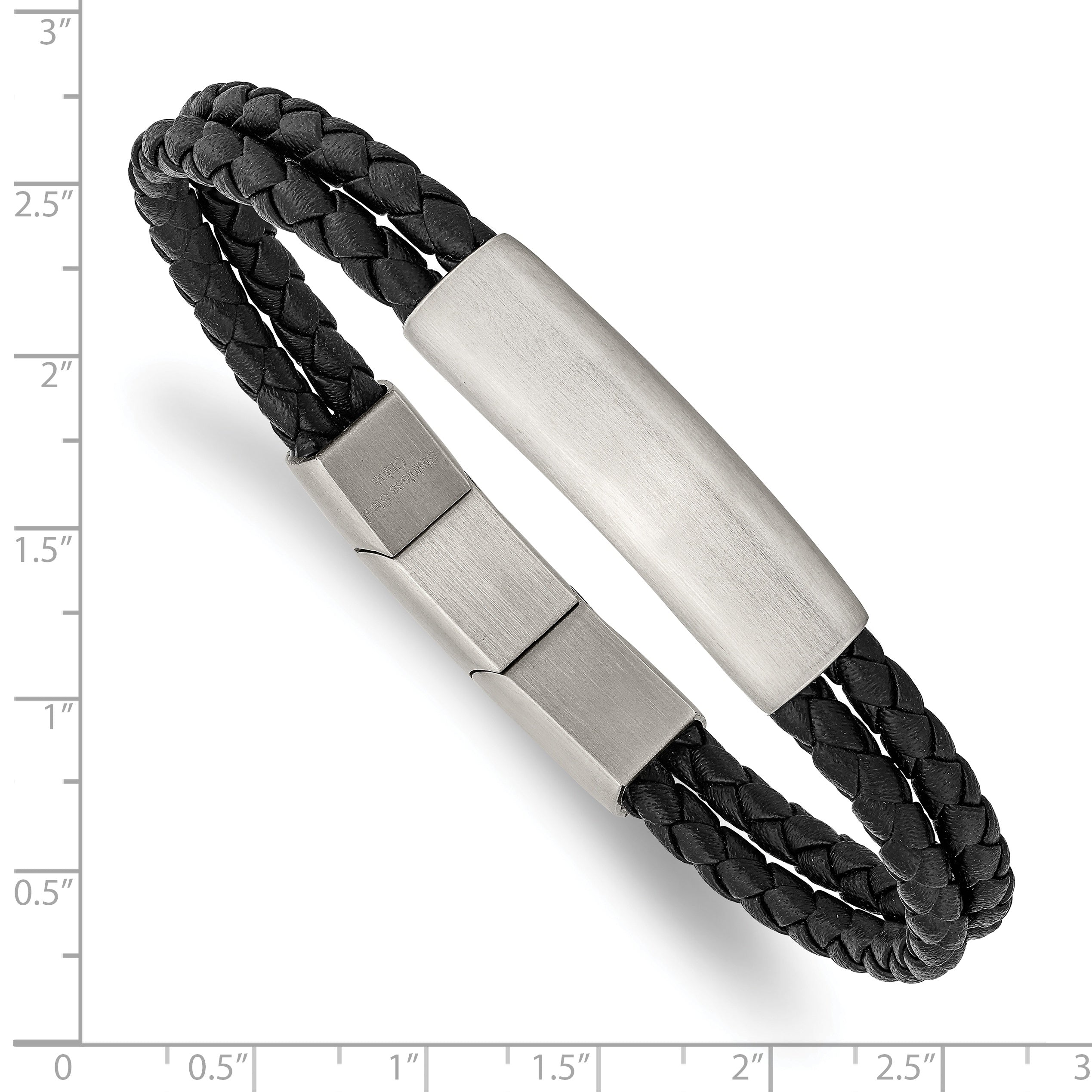 Chisel Stainless Steel Brushed Braided Black Leather Multi Strand 8 inch Plus .5 inch Extenstion Bracelet