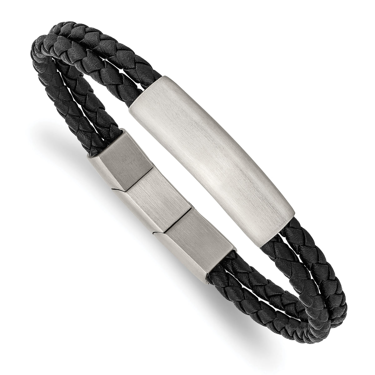 Chisel Stainless Steel Brushed Braided Black Leather Multi Strand 8 inch Plus .5 inch Extenstion Bracelet