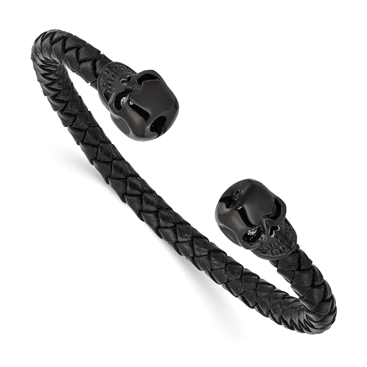 Chisel Stainless Steel Polished Black IP-plated Skulls with Crystal Eyes Black Braided Leather Cuff Bangle