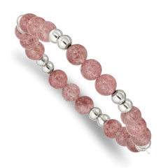 Chisel Stainless Steel Polished 6-8mm Strawberry Quartz Beaded Stretch Bracelet