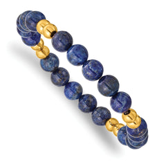 Chisel Stainless Steel Polished Yellow IP-plated 6-8mm Lapis Beaded Stretch Bracelet