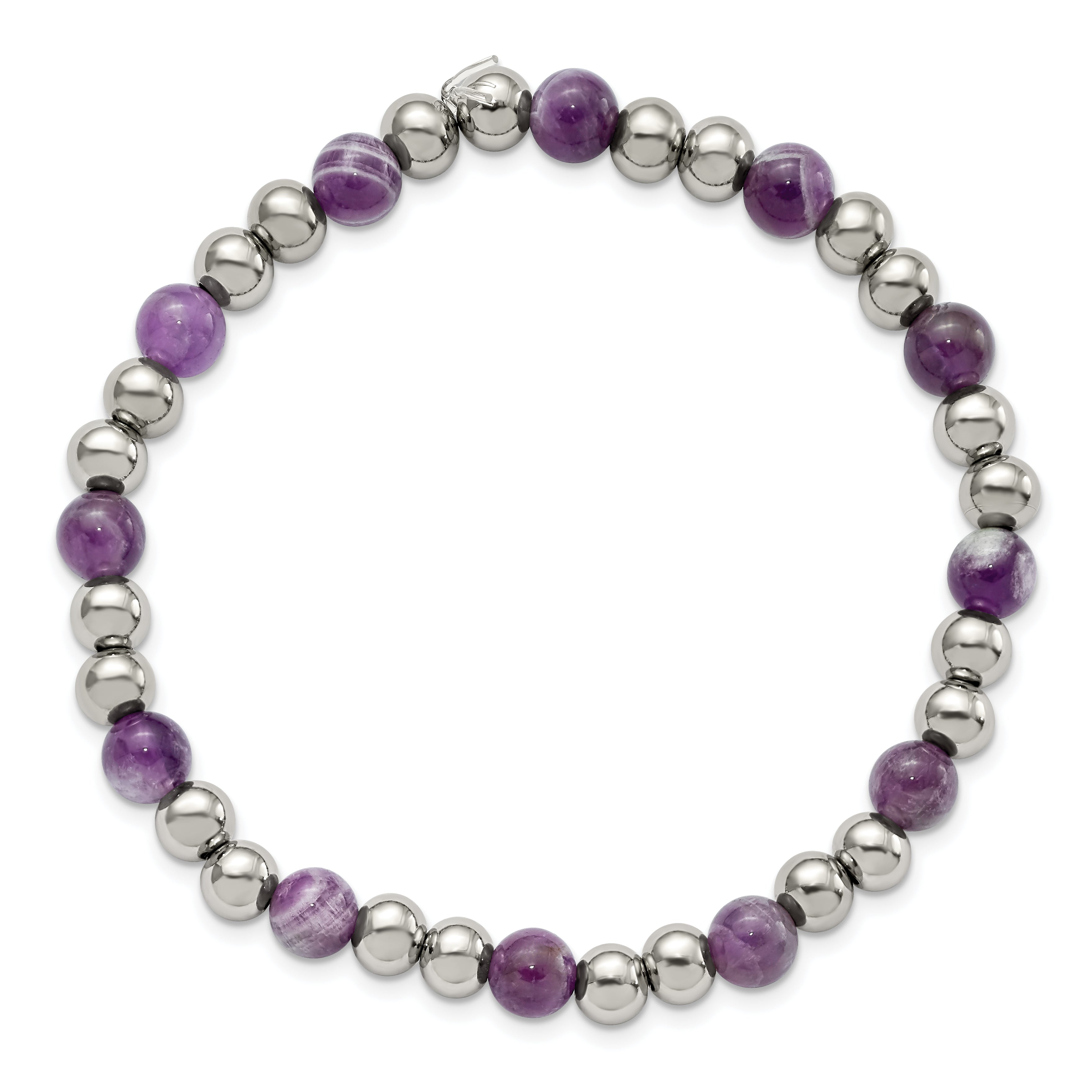 Chisel Stainless Steel Polished 6mm Purple Zebra Amethyst Beaded Stretch Bracelet