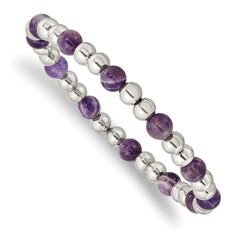 Chisel Stainless Steel Polished 6mm Purple Zebra Amethyst Beaded Stretch Bracelet