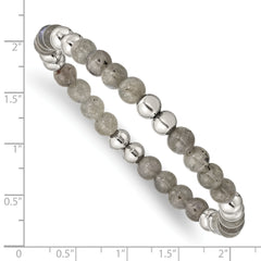 Chisel Stainless Steel 6mm Polished Grey Quartz Beaded Stretch Bracelet