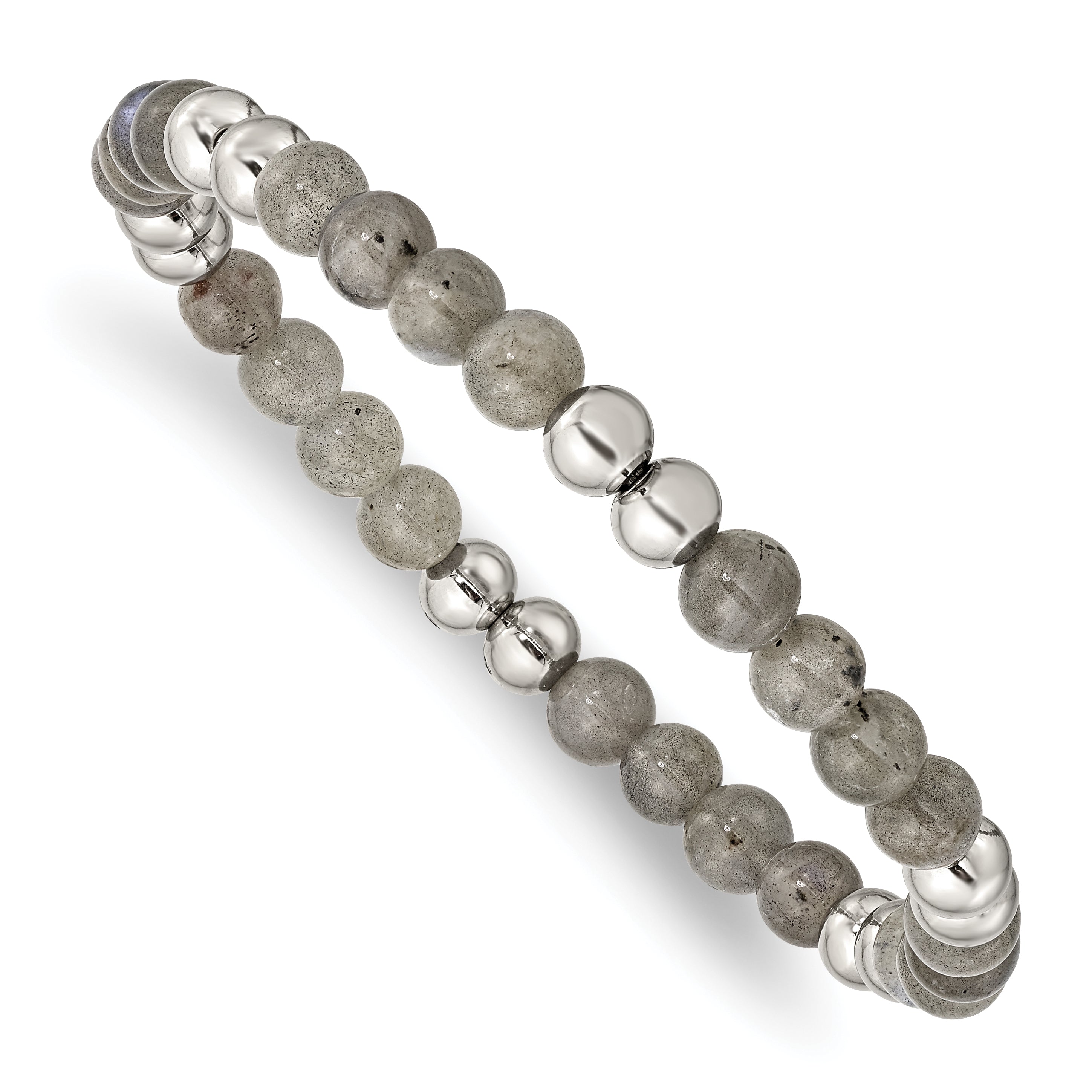 Chisel Stainless Steel 6mm Polished Grey Quartz Beaded Stretch Bracelet