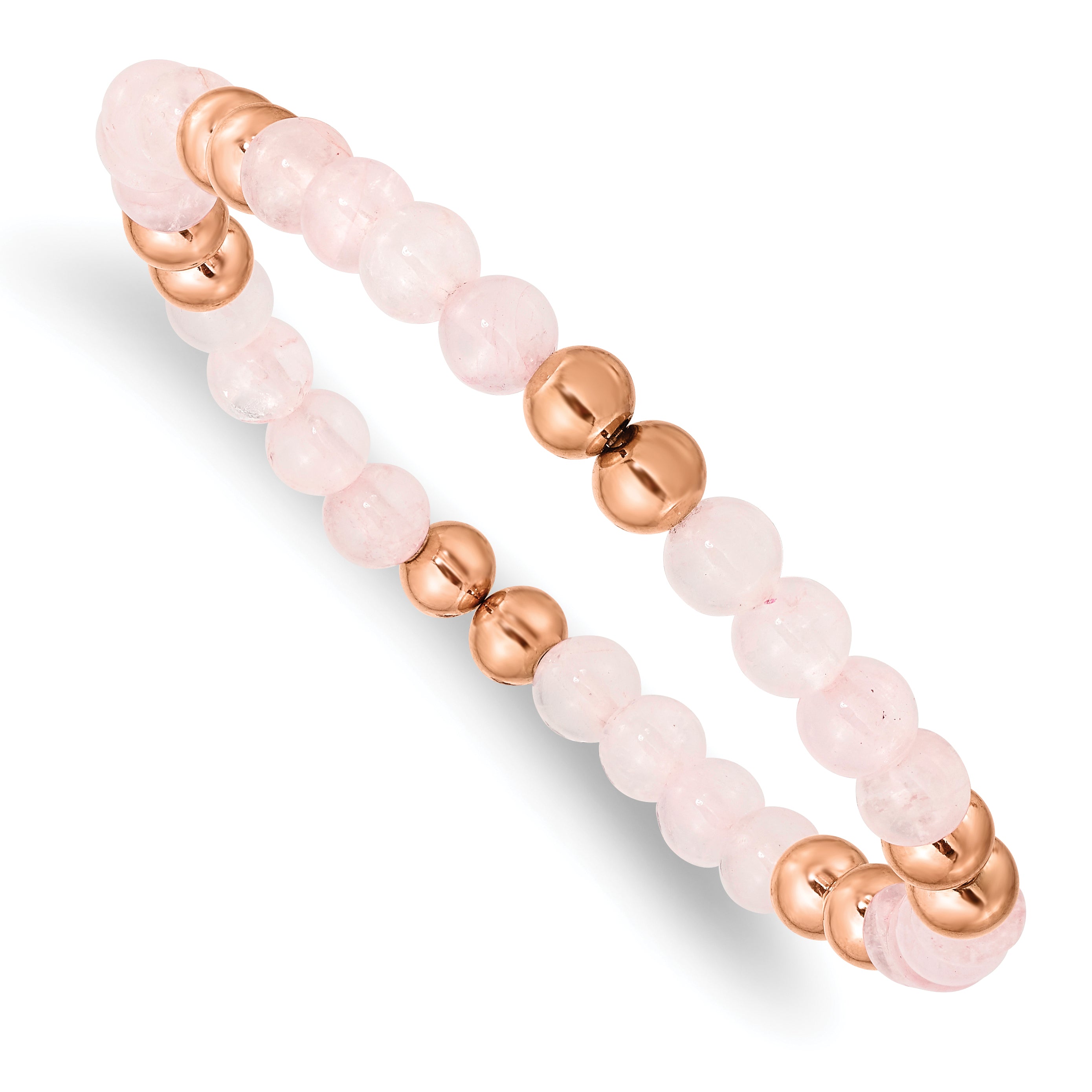 Chisel Stainless Steel Polished Rose IP-plated 6mm Pink Quartz Beaded Stretch Bracelet